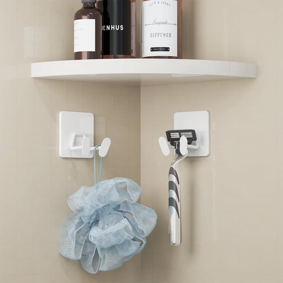RGHJAR-Adhesive Shower Hooks for Bathroom - Extra Sticky Stainless, Wall Hooks for Hanging Towel, Razor, Loofah, Robe, Coat, Heavy Duty Hanger for Kitchen, Bedroom, Door, Metal, Matt White, 6 Pack