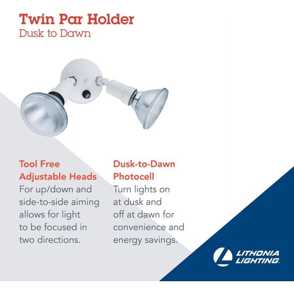 RGHJAR-Adjustable Dusk Dawn Security Light, Twin Par Outdoor Flood Light Holder, Photocell Sensor, 120 Volts, Uses 2 Lamps Up to 150W (Not Included), White (OFTH 300PR 120 P WH M12)