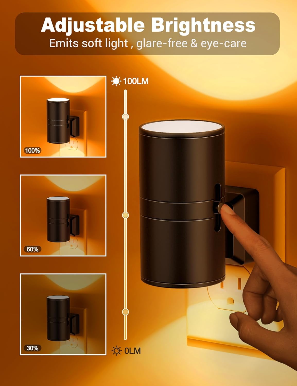 RGHJAR-Amber Night Lights Plug into Wall, Dimmable Night Light Plug in, Modern Night Lights Auto On/Off, Amber Night Light 2000K, 0-100LM Adjustable Brightness Nightlight for Hallway Bedroom, 2 Pack