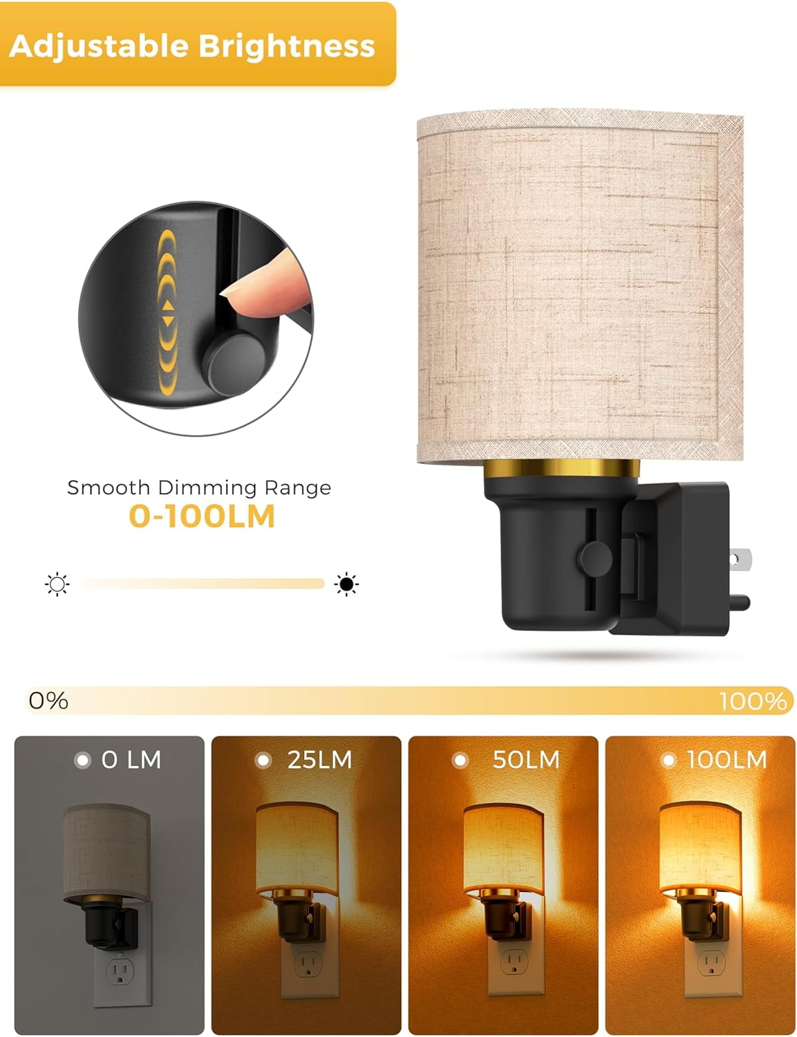 RGHJAR-Amber Night Lights Plug into Wall, Plug in Night Light Dimmable, Farmhouse Decorative Nightlights Plug in Wall, Light Sensor, Linen Fabric Yellow Nightlight for Bedroom Hallway, 1 Pack