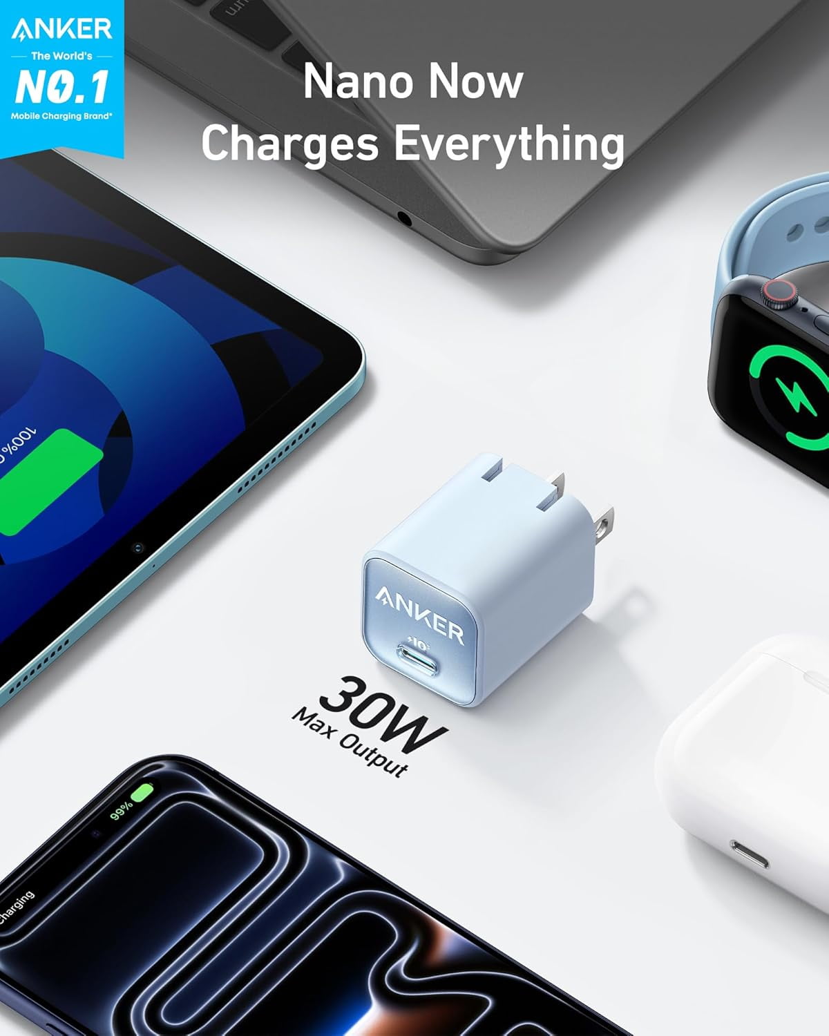 RGHJAR-Anker Nano Charger, USB C GaN Charger 30W, PIQ 3.0 Foldable PPS Fast Charger for iPhone 17/16 and More Series, Galaxy, iPad, Compatible with MagSafe (Blue)