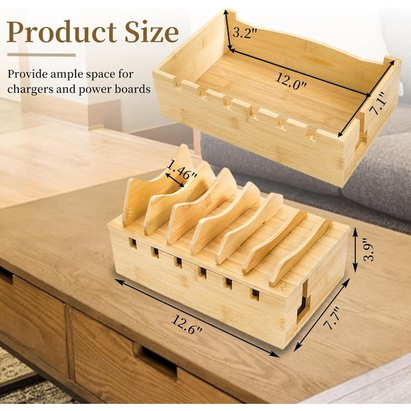 RGHJAR-Bamboo Charging Station for Multiple Devices, Desktop Charging Organizer with Removable Divider Slots, Docking Stations Stand for 6 Devices, Compatible with Tablets, iPads, Cell Phone, Laptop