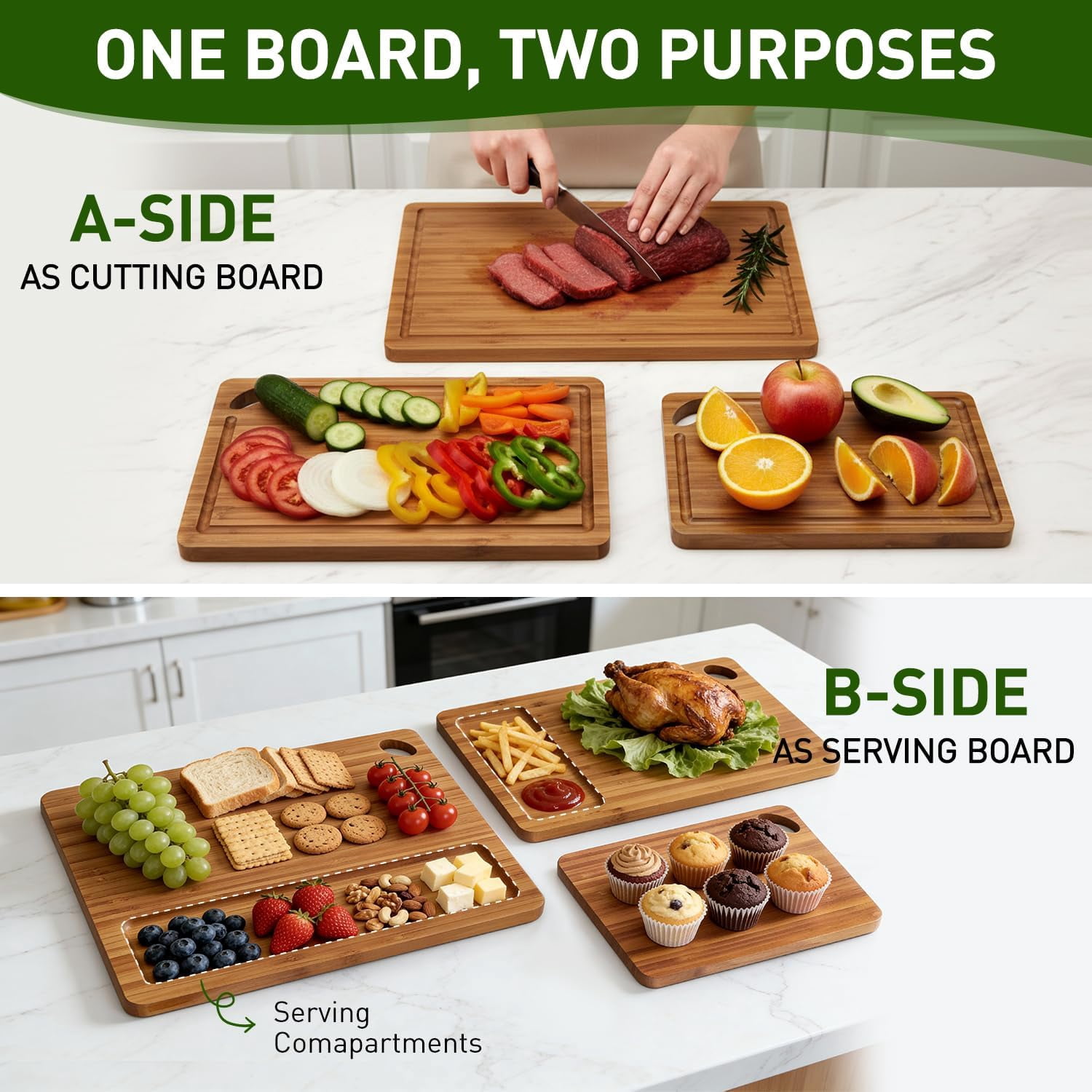 RGHJAR-Bamboo Cutting Boards for Kitchen Non Toxic Solid Wood Chopping Board Non Plastic Wooden Cutting Boards Small Fruit Meat Charcuterie Board Hardwood Cutting Board Set Bread Chauratri Serving Bo