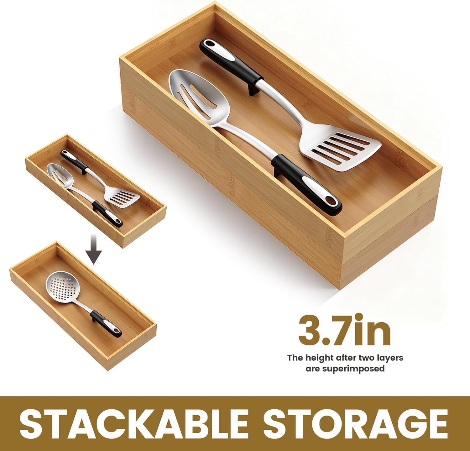 RGHJAR-Bamboo Drawer Organizer, Stackable Utensil Trays for Kitchen, Wood Silverware Organizer for Drawer, Set of 2-15"x6"x2"