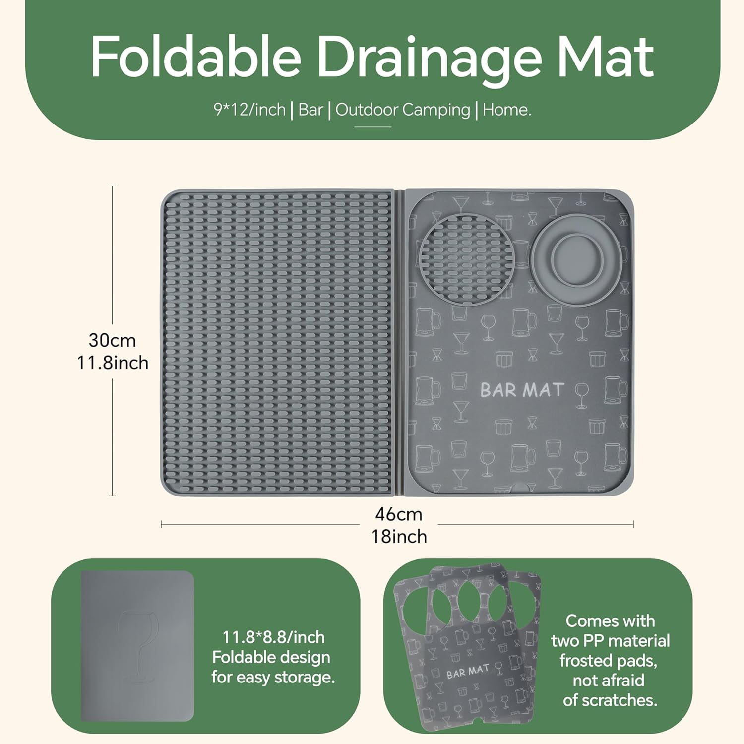 RGHJAR-Bar Mat, Bar Accessories, Multifunctional Folding Cocktail Mat with Cutting Board, 18" X 12"(Gray) Drying Mats,Bar Mat for Countertops,Bar Decorations for Home, Outdoor Bar Accessories,Travel