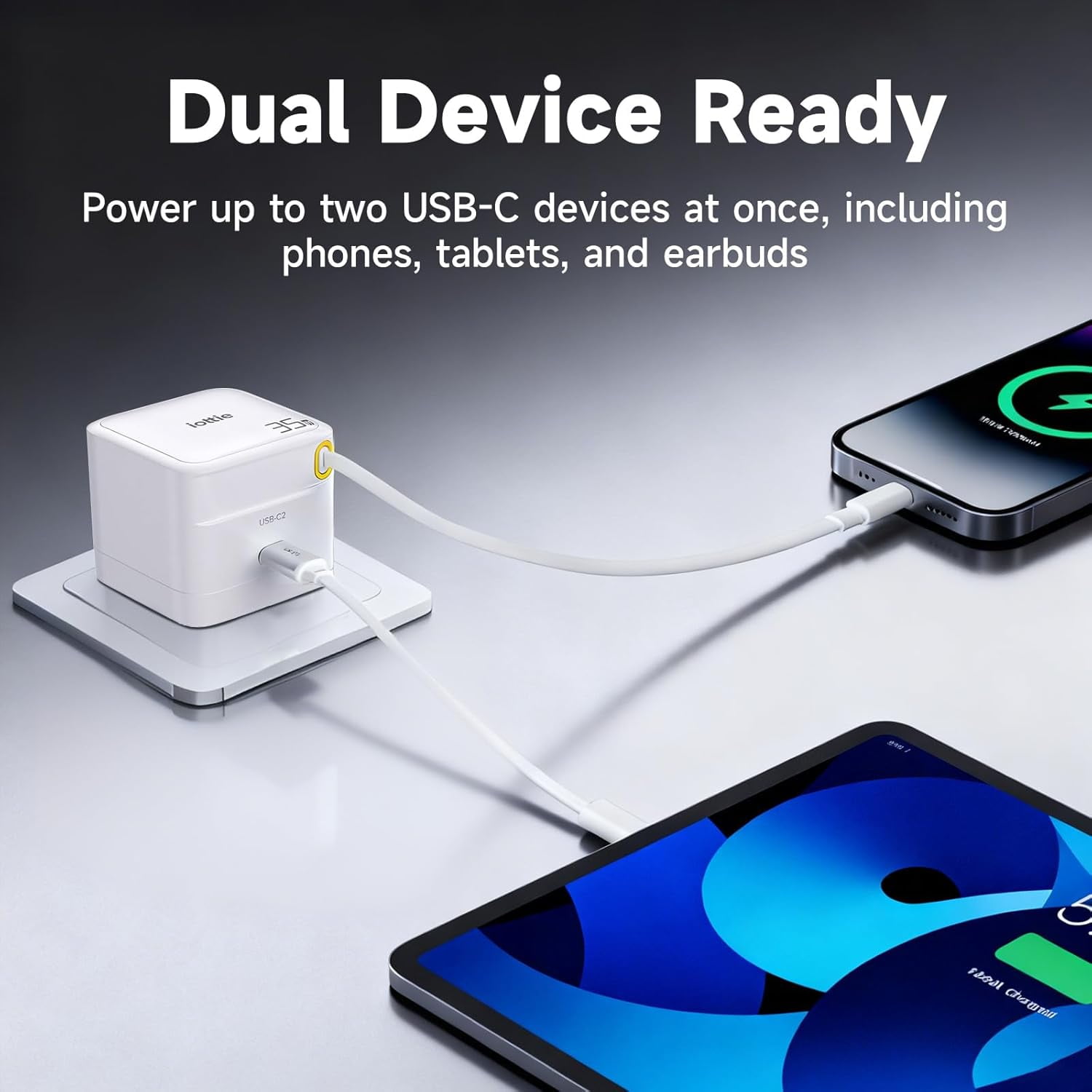 RGHJAR-Basix by iOttie 35W GaN Wall Charger with Built-in Retractable USB-C Cable and Extra USB-C Port, Dual Device Fast Charging, Compact Travel Charger with Folding Prongs