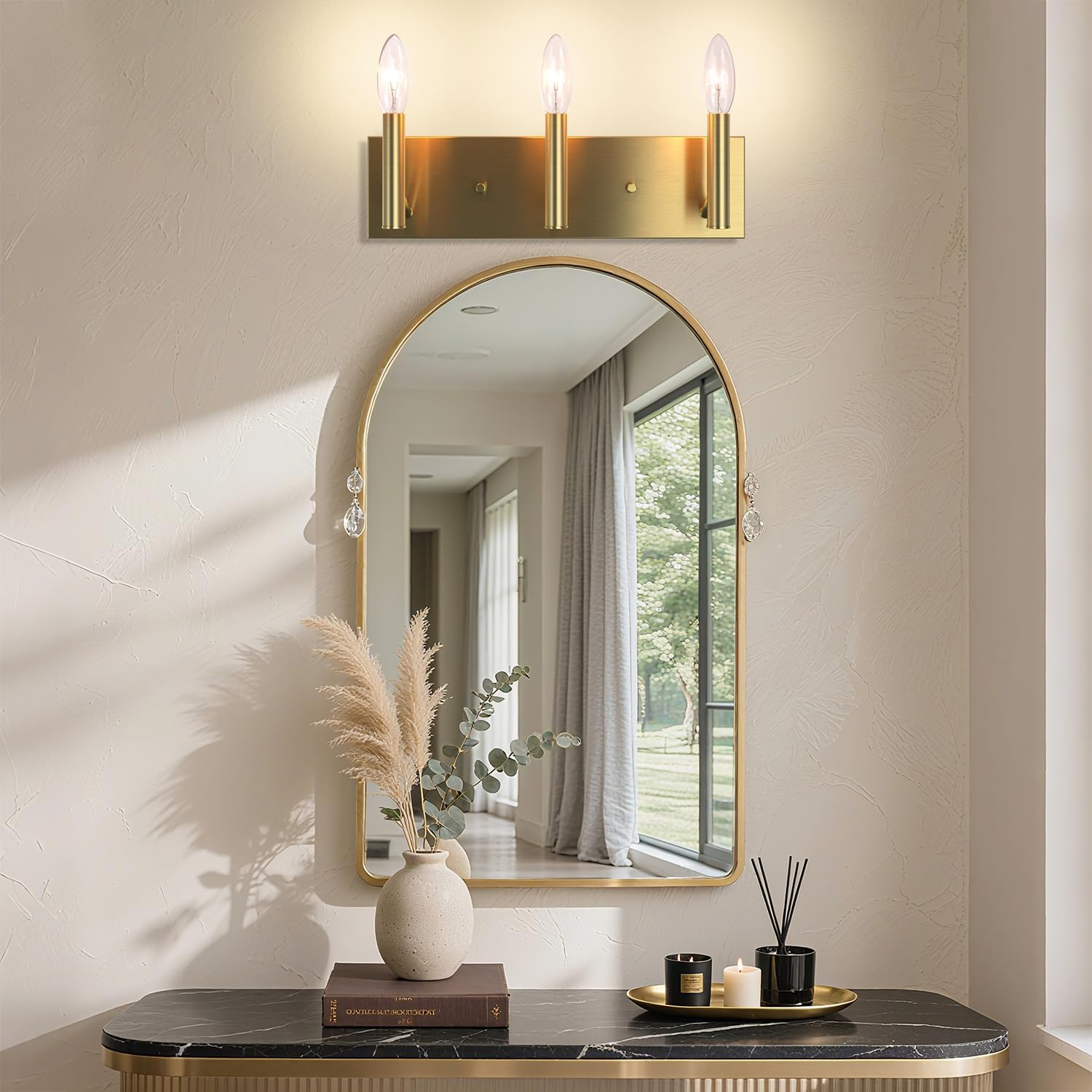 RGHJAR-Bathroom Light Vanity Fixtures Over Mirror, 3-Lights Modern Brushed Gold Wall Sconces, Minimalist Wall Lights for Livingroom Bedroom Entryway Hallway Staircase, E12 Base(Bulbs Not Included)