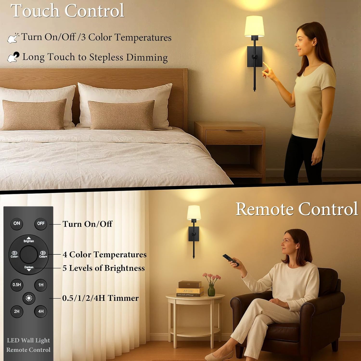 RGHJAR-Battery-Operated Wall Sconce Wall Lights: Black Rechargeable Wall Sconces with Touch&Remote, Wireless Battery Powered Wall Scone Lamp for Bedroom Bathroom Living Room Hallway Picture