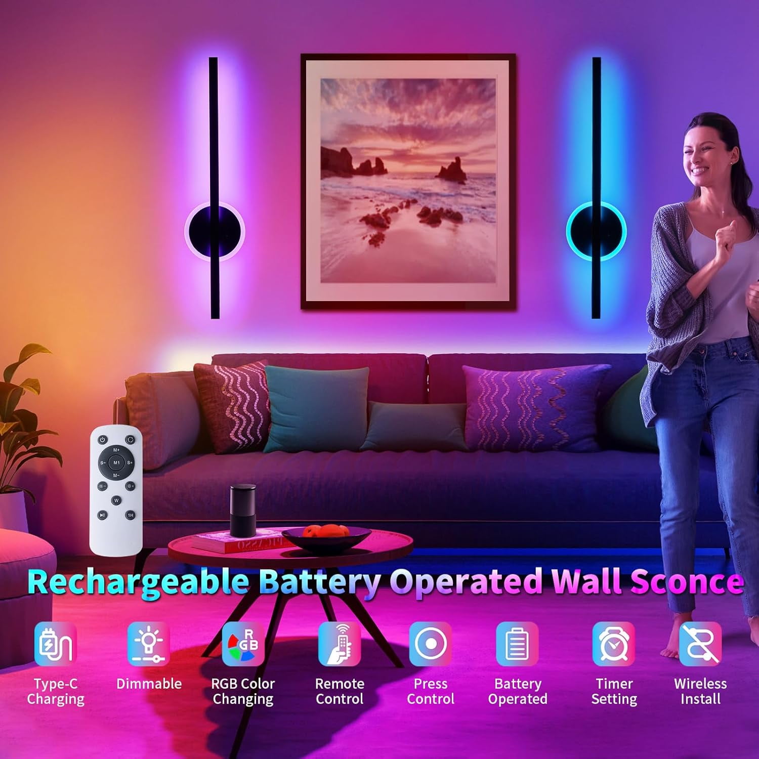RGHJAR-Battery Operated Wall Sconces, RGB Wall Light with Remote and Touch Control, 24 Inch Dimmable Rechargeable LED Wall Lamps with 7 RGB Colors for Bedroom, Hallway, Livingroom, Black