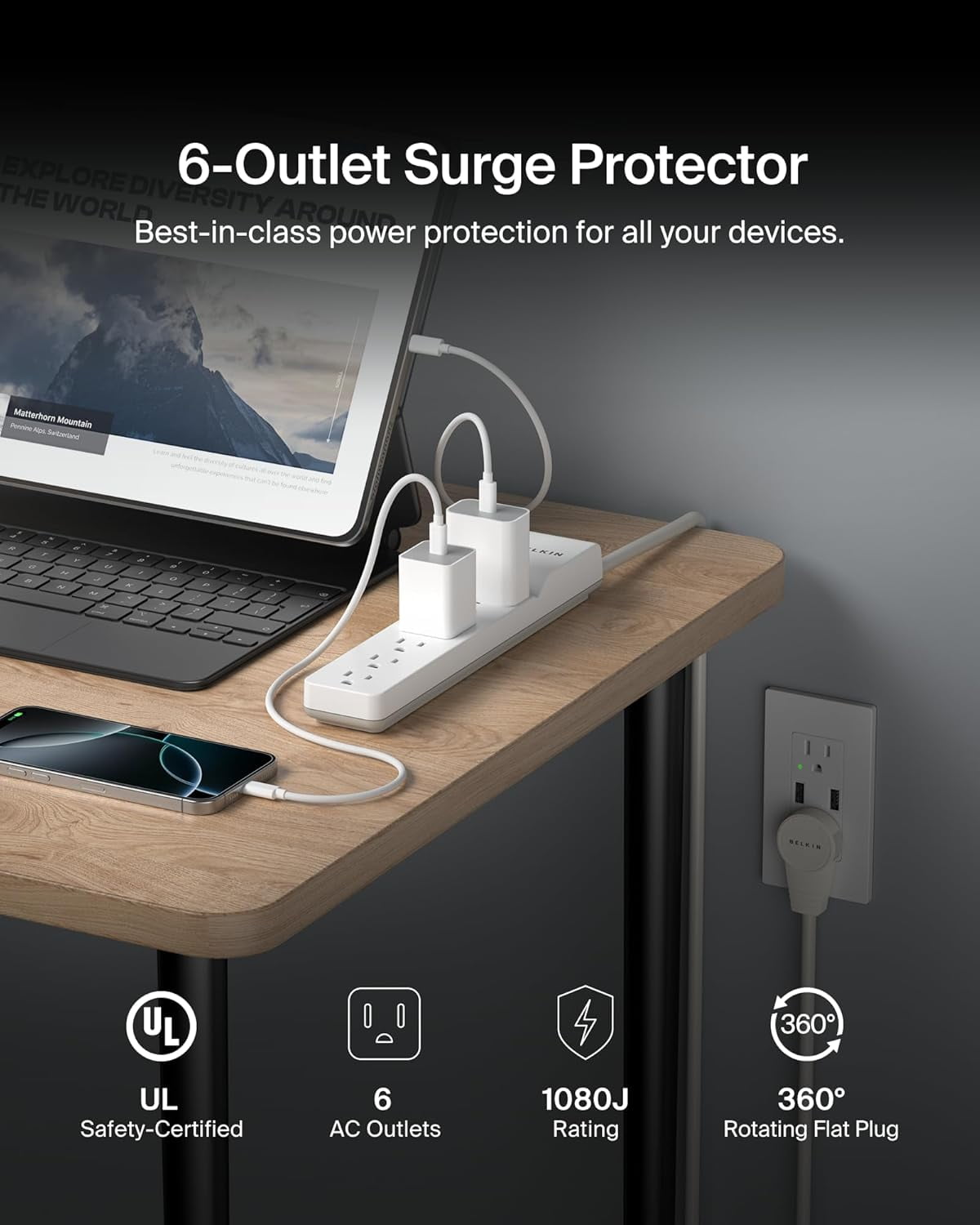 RGHJAR-Belkin 6-Outlet Surge Protector Power Strip, 6ft Cord, 360° Rotating Plug - 1080 Joules Protection
