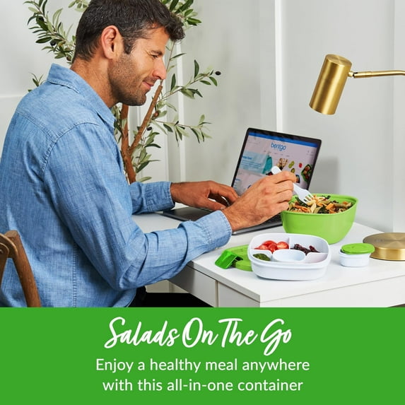 RGHJAR-Bentgo Salad Container - 54 oz Bowl with 4-Compartment Toppings Tray, Leak-Proof Dressing Container, Reusable , BPA-Free Lunch Box for Meal Prep & Food Storage; Removable Bento Tray (Green)