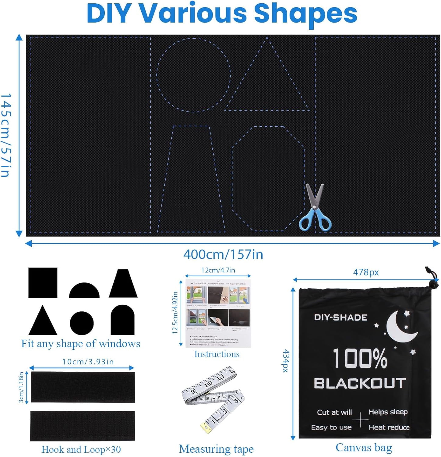 RGHJAR-Blackout Window Cover 400x148cm, Portable Blackout Curtains for Bedroom, Temporary Blackout Blinds Window Privacy Film, No Drill Blackout Shades for Media Room Travel Skylight, 30 Hook & Loops