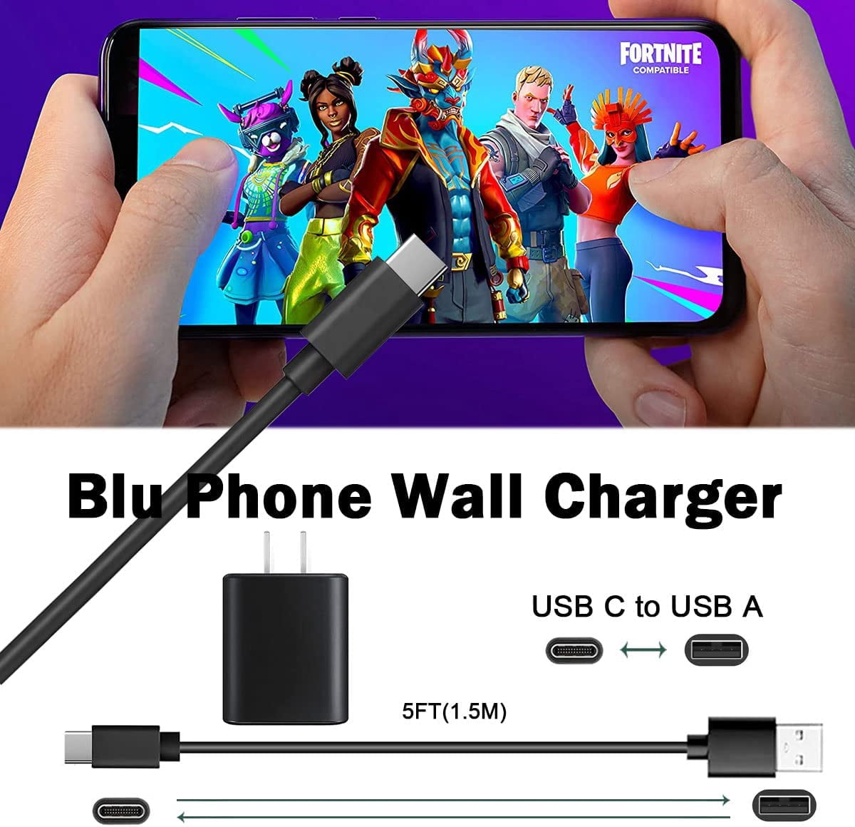 RGHJAR-Blu Android Phone Charger, 5V USB C Wall Charger Adapter Fast Charging for Blu View 3, View 2, M8l, M10l, G9, G90 Pro, G91 Max, G91 Pro, G91S, G50 MEGA, G70, VIVO XI Smartphones 5ft Charge Cab