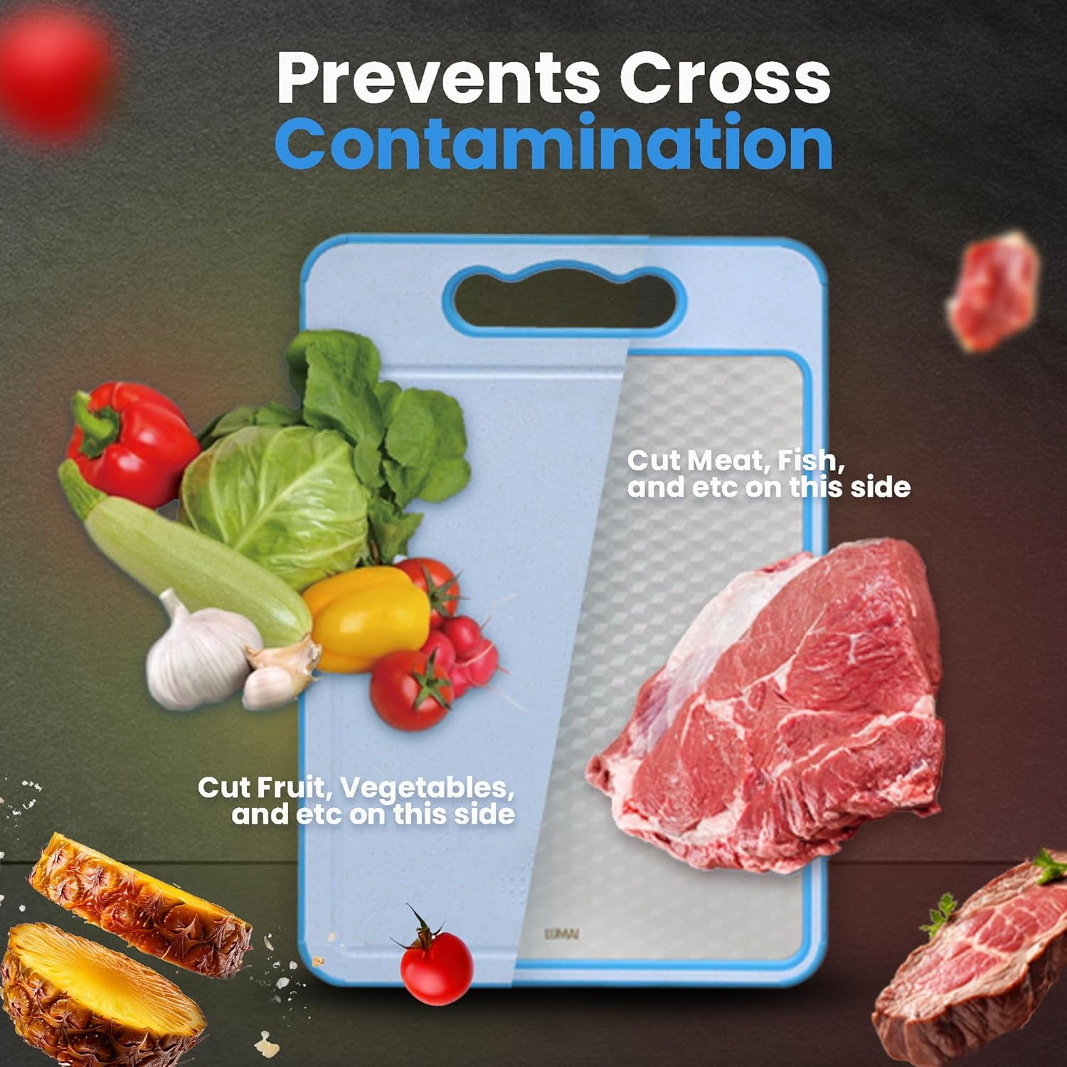 RGHJAR-Blue Stainless Steel Cutting Board for Raw Meat & PP Wheat Straw for Fruits, Veggies & Bread, Non Toxic Cutting Board for Kitchen w/Knife Sharpener, Stainless Steel Chopping Boards for Kitchen