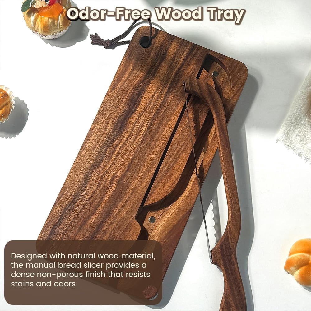 RGHJAR-Bread Bow Knife and Cutting Board Set, 8'' Serrated Stainless Steel Slicer for Sourdough Bagels Baguettes, Ambidextrous Bow Blade & Reversible Acacia Board Can Be Used as Crumb Tray