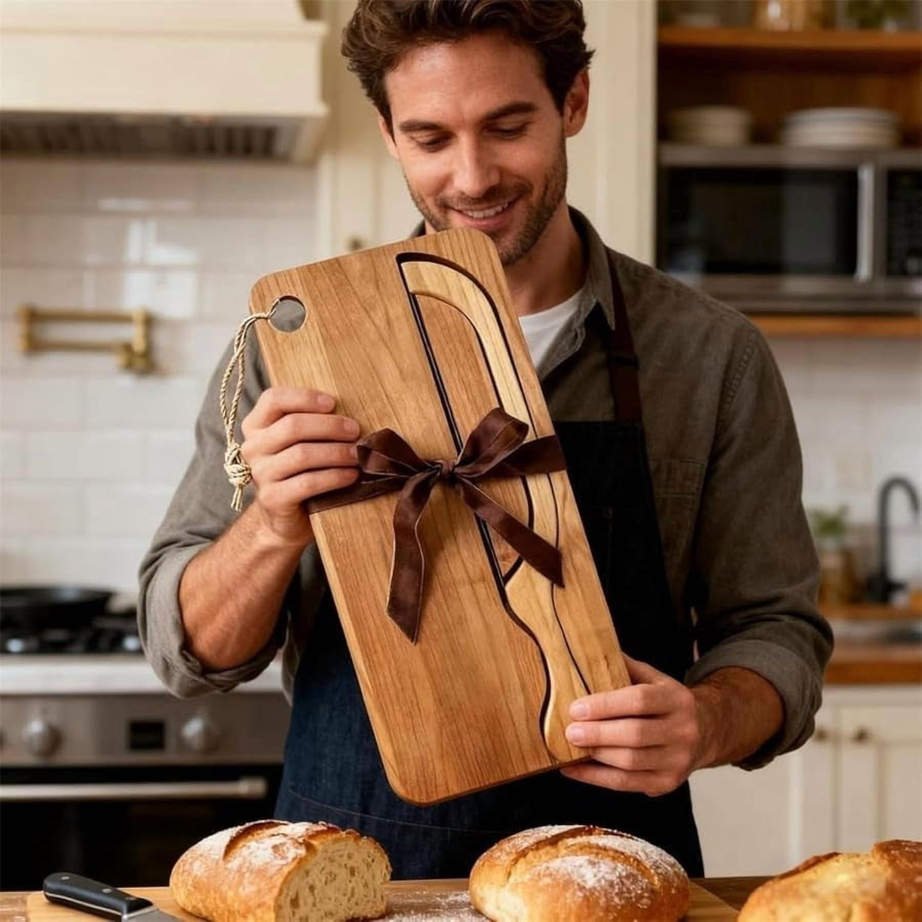 RGHJAR-Bread Knife and Board Set with Crumb Tray, 8 Inch Manual Slicer for Sourdough Bagels Baguettes, Ambidextrous Serrated Blade & Reversible Acacia Wood Cutting Board