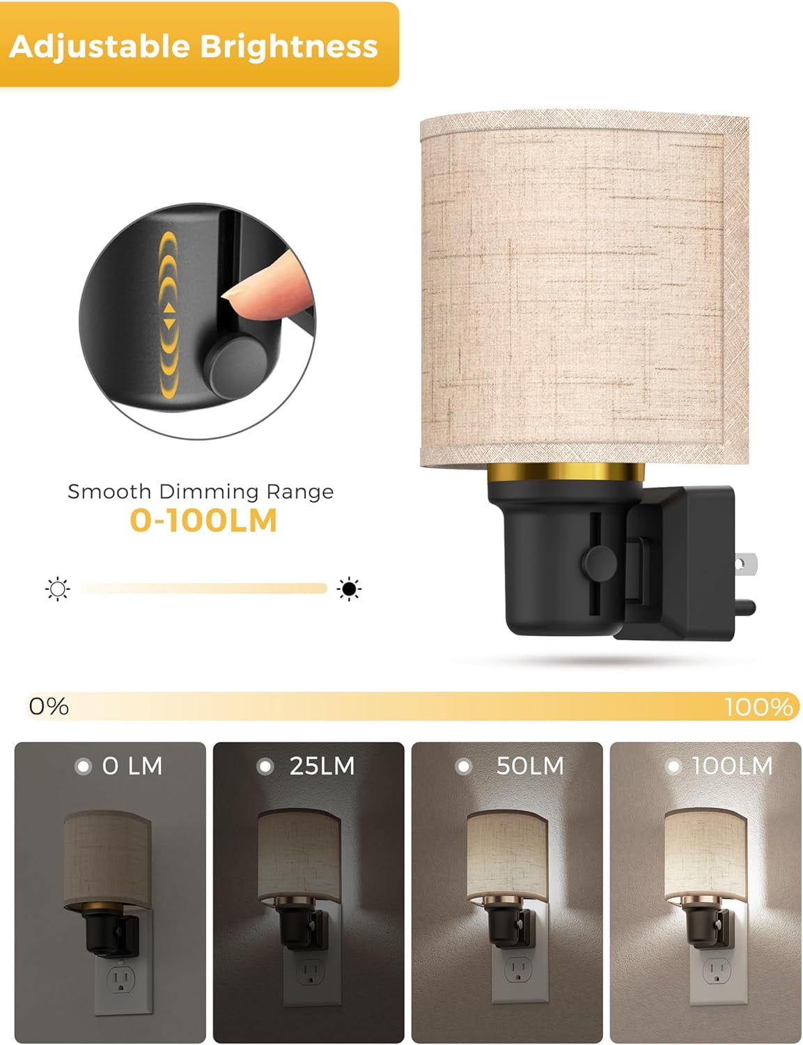 RGHJAR-Bright Night Lights Plug into Wall, Plug in Night Light Dimmable, Daylight White, Decorative Nightlights Plug in Wall, Light Sensor, Linen Fabric Nightlight for Hallway Kitchen, 1 Pack