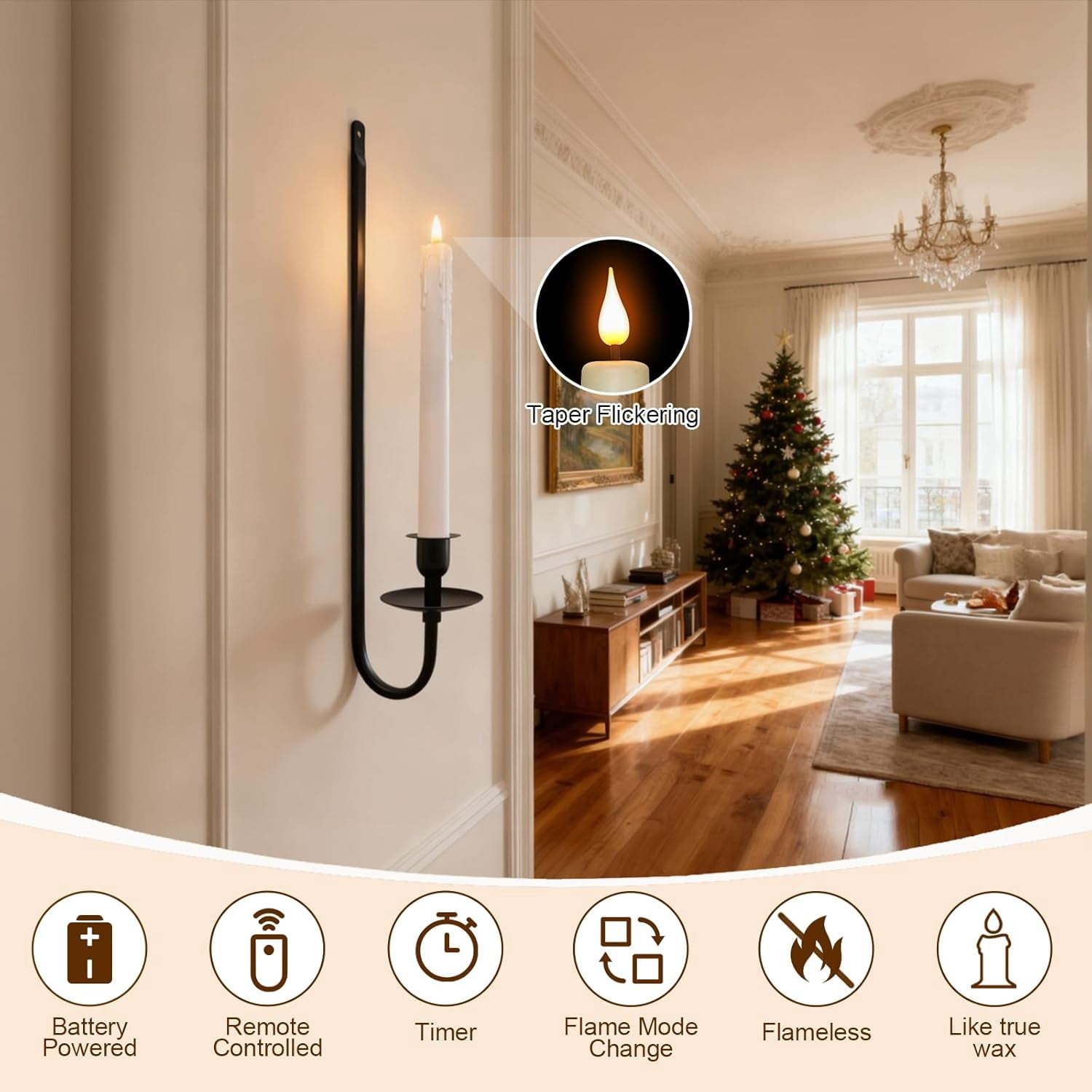 RGHJAR-Candle Wall Sconces Set of 2, Flameless Candles Black Wall Candle Holders with Remote Control, Battery Operated Home Decor for Living Room, Fireplace, Dining Room, Entryway, Stair Corner
