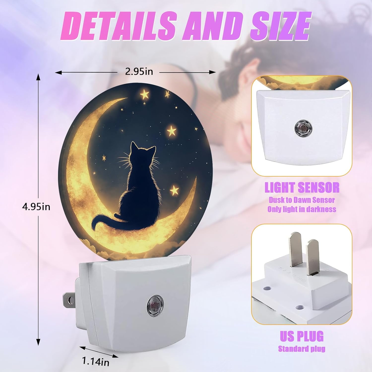 RGHJAR-Cat Moon Night Light Starry Sky Night Lights LED Lamp Round Plug into Wall Nightlight with Dusk to Dawn Sensor Home Hallway Stairway Kitchen Decor