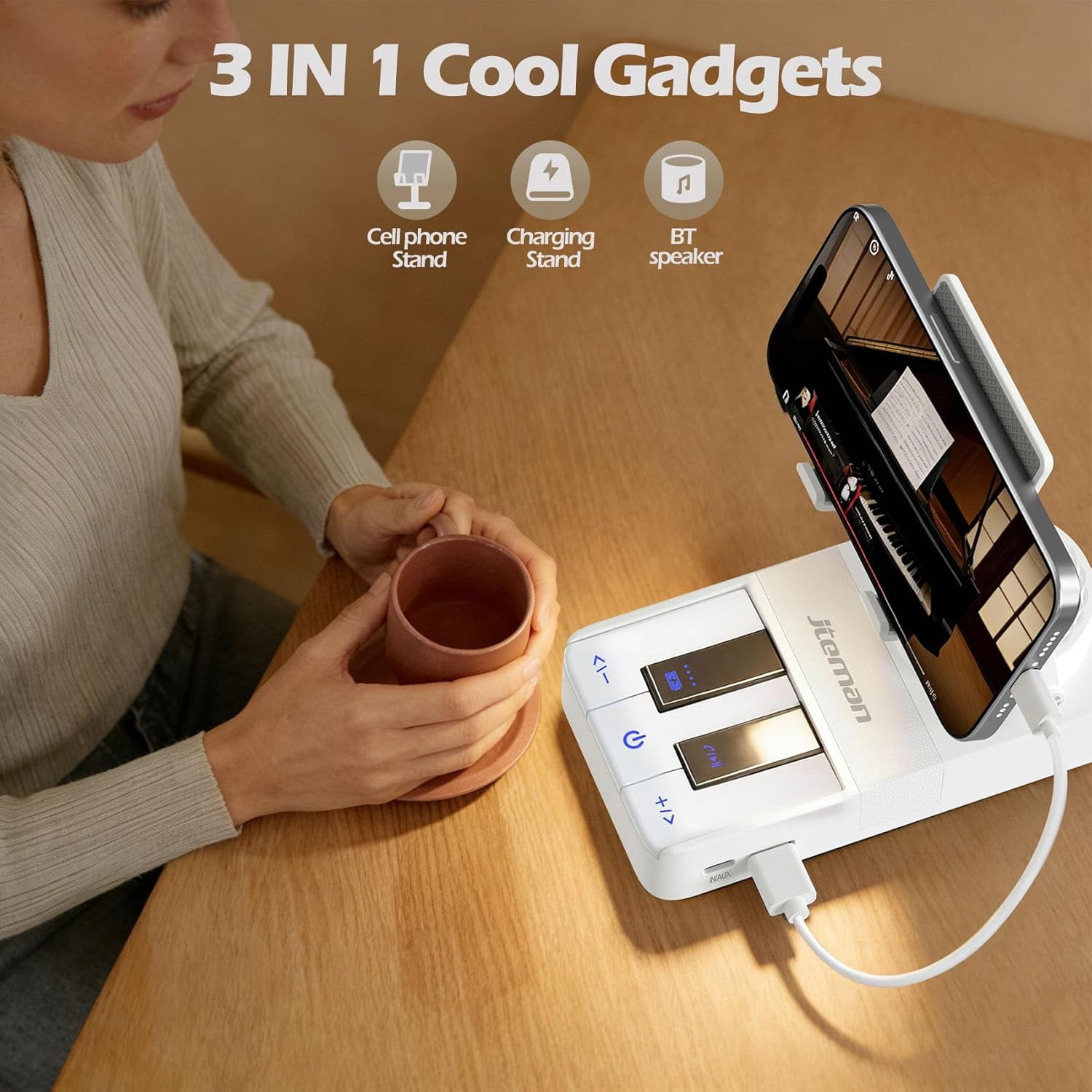 RGHJAR-Cell Phone Stand with Bluetooth Speaker and Charging Stand,Piano Keys Design,Music Lovers & Teacher Gifts,Birthday Gifts for Men Women Dad Mom,Cool Tech Gadgets-White
