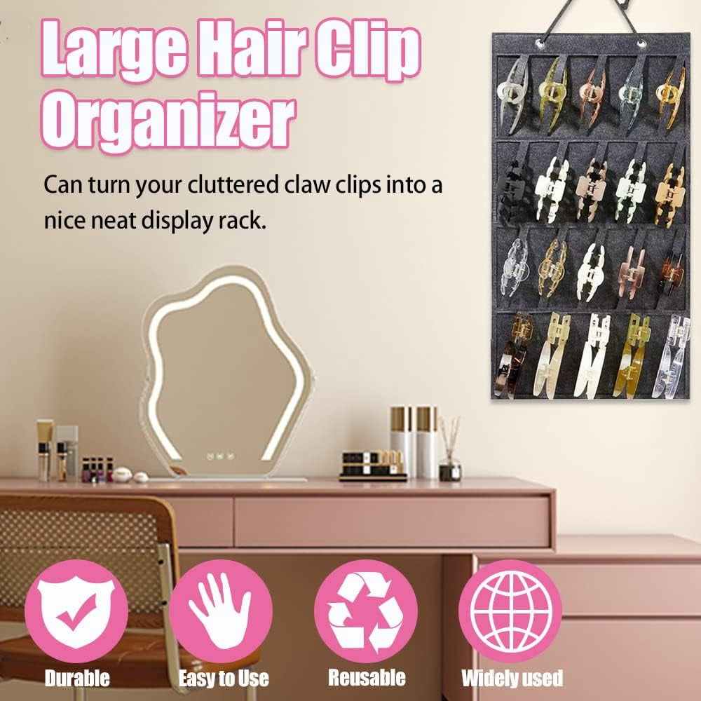 RGHJAR-Claw Clip Organizer,Large Hair Clip Organizer,Premium Felt Hanging Claws Clips Storage Hanger for Girls Women Hair Clip,Banana Clip,Bows(NO Accessories) Display Stand for Wall Door Closet (Dar