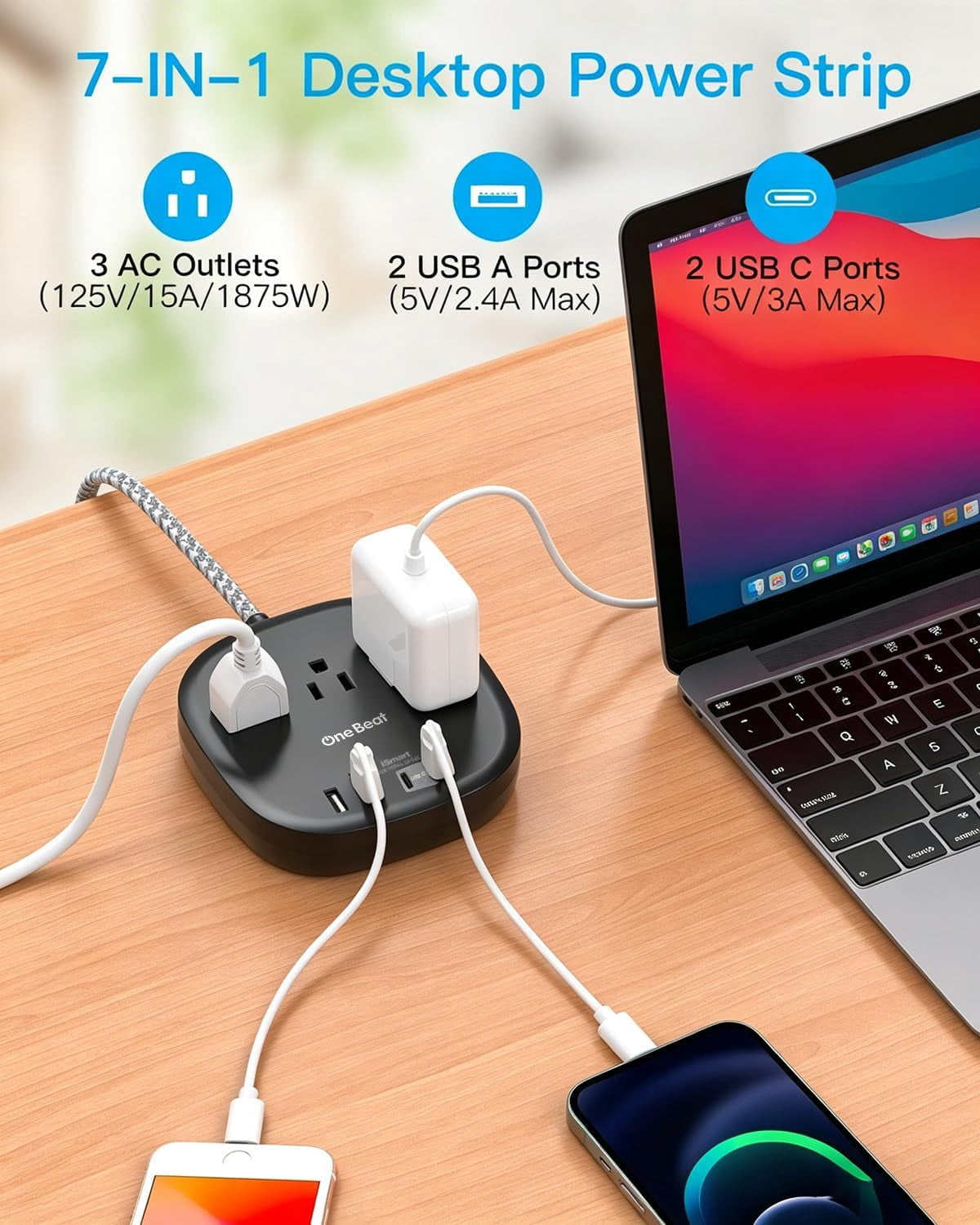 RGHJAR-Cruise Ship Travel Essentials, 22.5W/4.5A Flat Plug Power Strip, 6Ft Extension Cord, 3 Outlets 4 USB Ports (2 USB C) Cruise Approved Power Strip No Surge Protection, Desktop Charging Station,