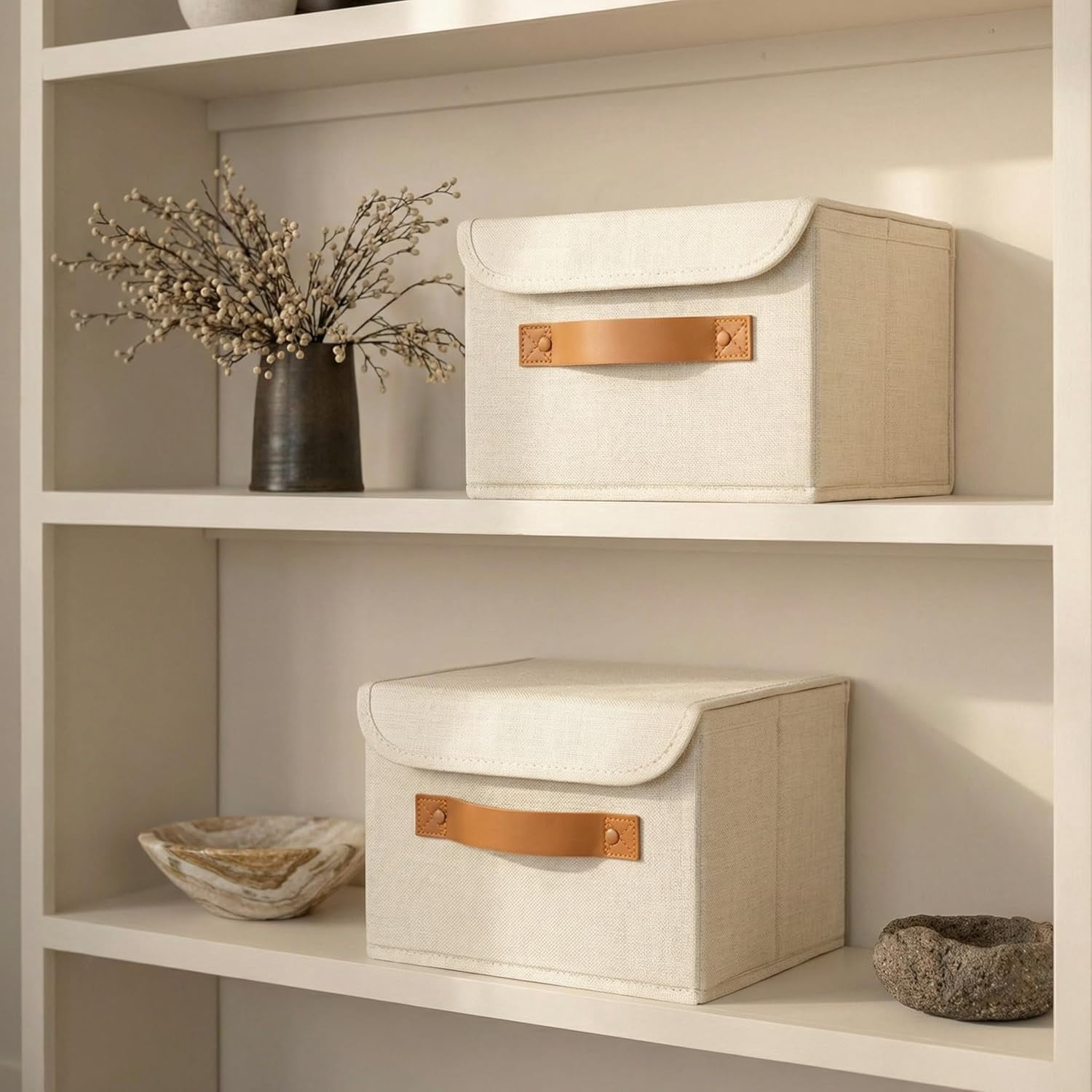 RGHJAR-Decorative Linen Storage Boxes with Lids - Spacious Set of 2 Organizer Bins for Your Home Decor - The Perfect Small Container to Safely Store Photos, Documents and Memory Box Keepsakes in Styl