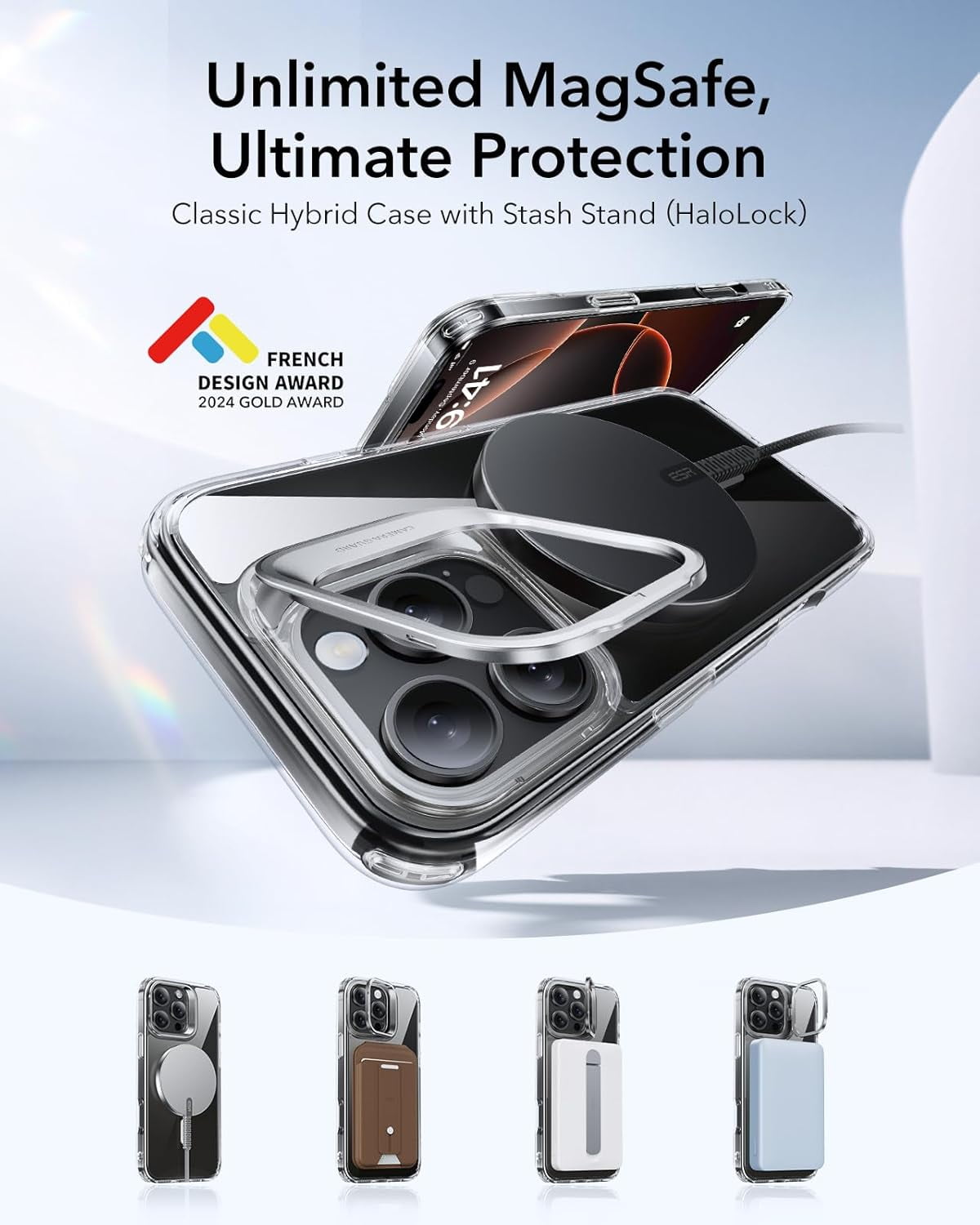 RGHJAR-ESR for iPhone 16 Pro Max Case, Compatible with MagSafe, Military-Grade Protective Case, Built-in Stash Stand Phone Case, Scratch-Resistant Back Cover, Classic Series, Clear