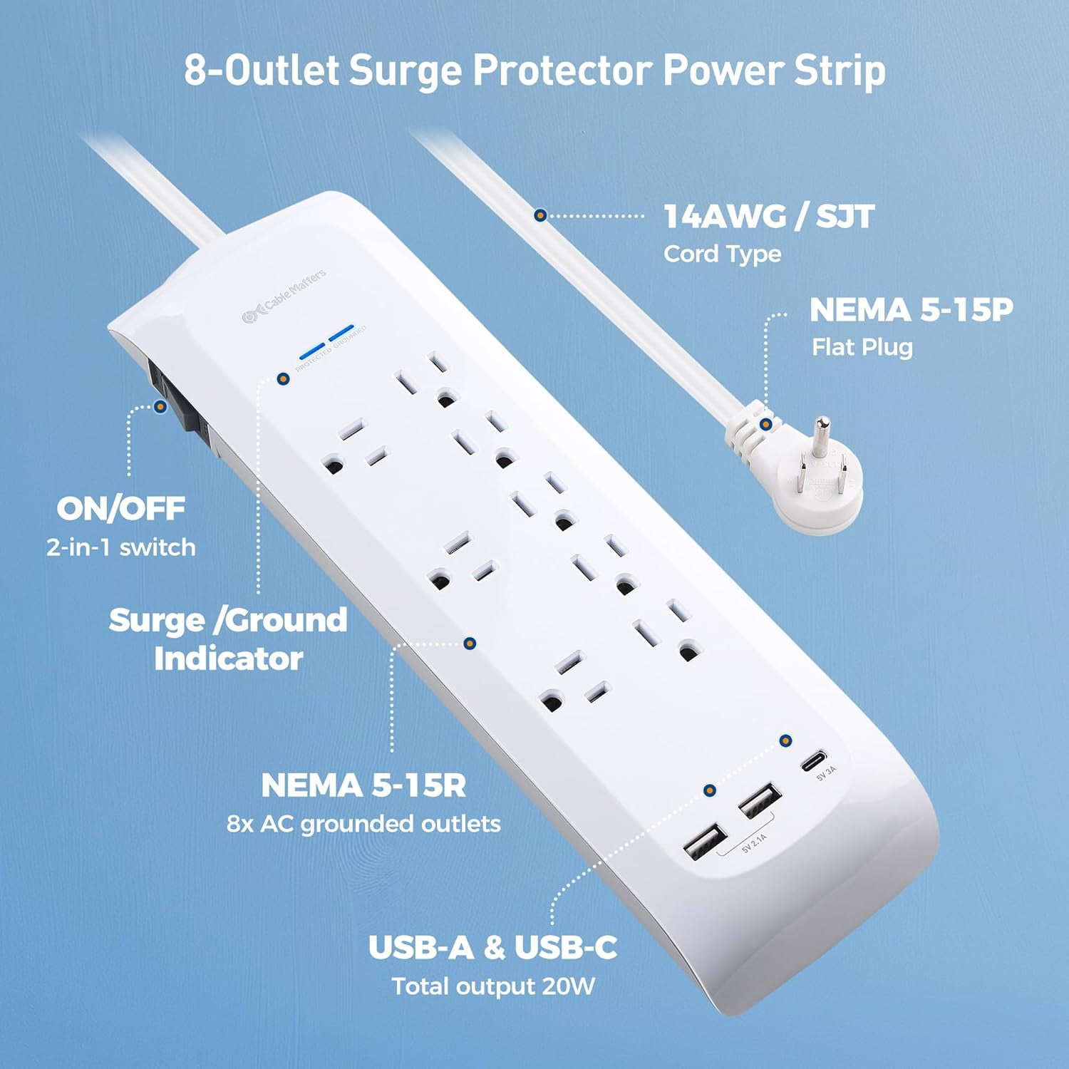 RGHJAR-[ETL Listed] 8-Outlet Surge Protector Power Strip with USB-A & USB-C Ports, 8 ft Cord, 1800 Joules, Wall-Mountable Design - Ideal for iPhone 16/15 Pro Max, iPad Pro, Galaxy S23 Charging