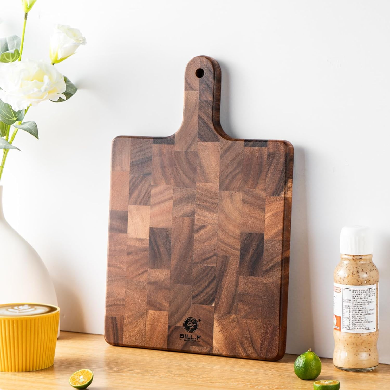 RGHJAR-End Grain Cutting Board with Handle for Meat, Cheese Board,Vegetables,Bread-Decorative Wooden Serving Board for Kitchen and Dining Room,13" x 9"