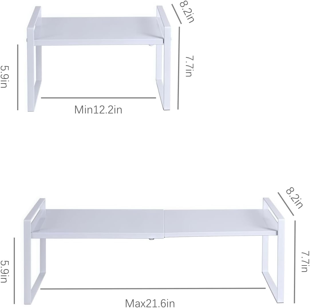 RGHJAR-Expandable Cabinet Shelf Organizer Riser for Kitchen Pantry Cupboard Under Sink Countertop (White, 8.2’’D * 12.2-21.6’’W * 7.7’’H)