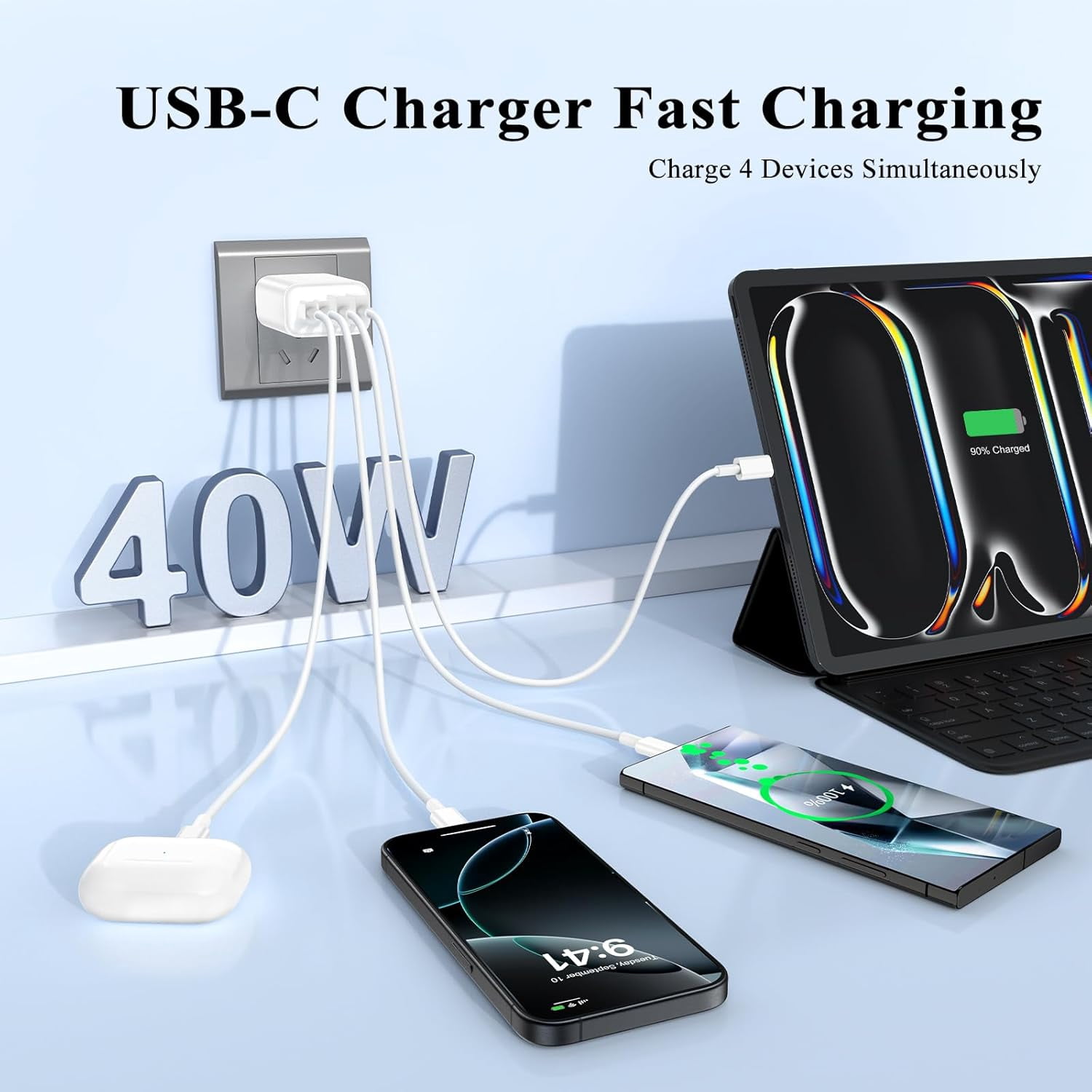 RGHJAR-Fast Charger for iPhone 17 16 15, 40W USB C Charger Block with 4 Port (USB C+USB A), PD QC 3.0 Fast Charging Wall Adapter, 2 Pack 6FT USB C to C Cable for Samsung Galaxy S26 S25