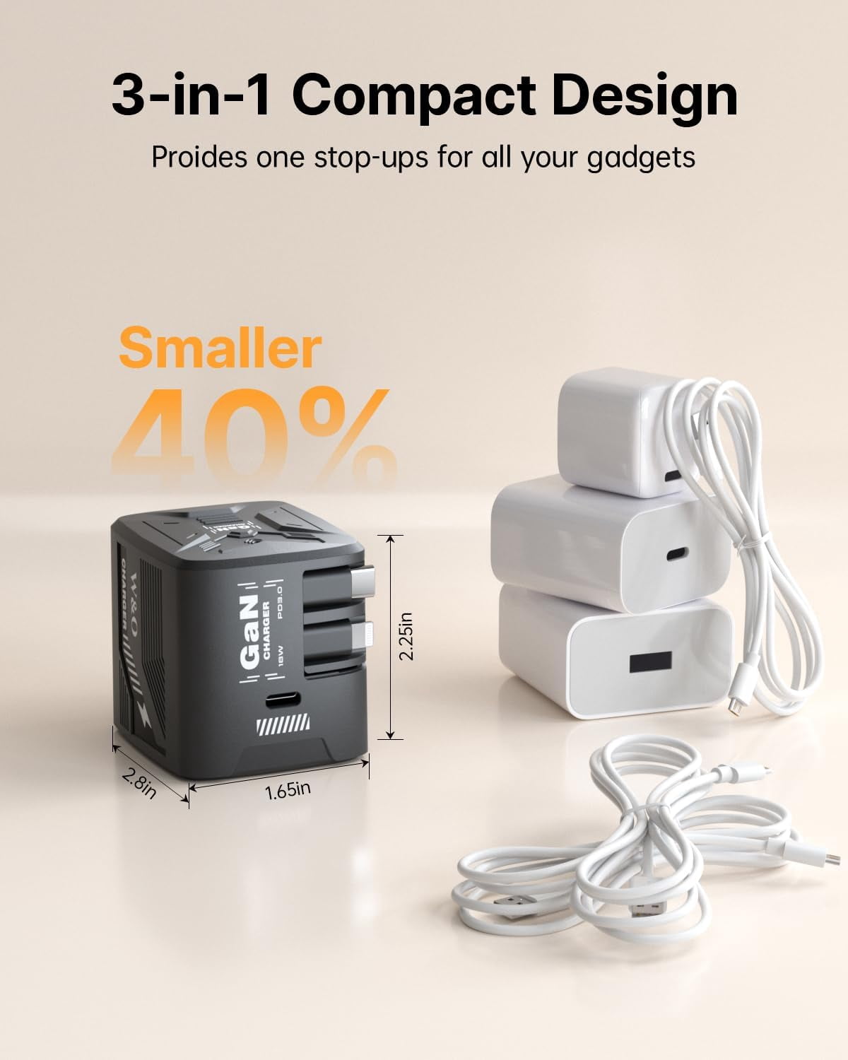 RGHJAR-Fast Charger for iPhone17/16/15,60W gan Charger,Retractable Phone Charger Wall Plug with Lightening and Type-C Cables,for iPhone Series, Galaxy S25/24,Android and More（Black）