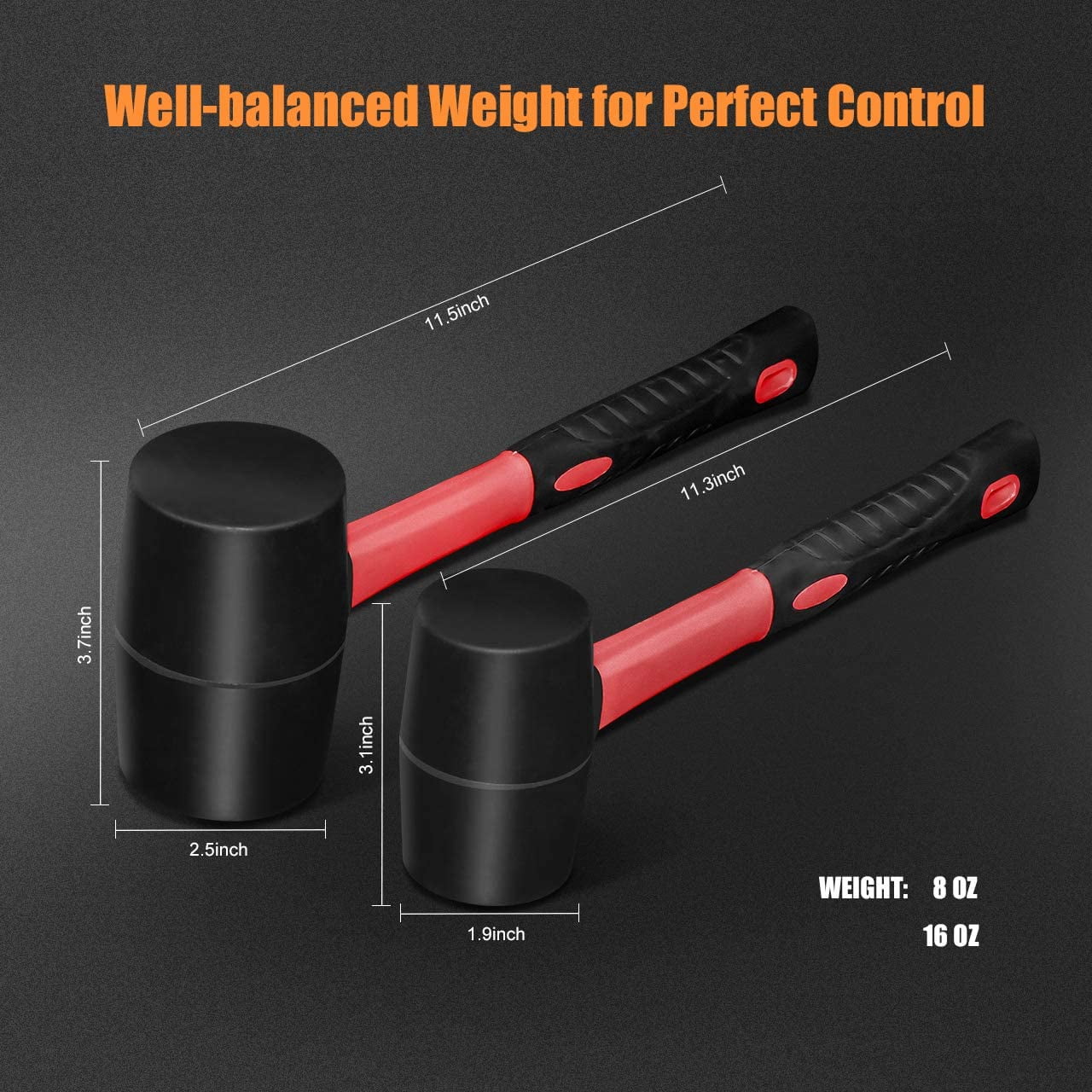 RGHJAR-Fiberglass Handle Rubber Mallet Hammer Set, 8 OZ and 16 OZ, Soft Blow Tasks without Damage, Black with Red, 2 Packs