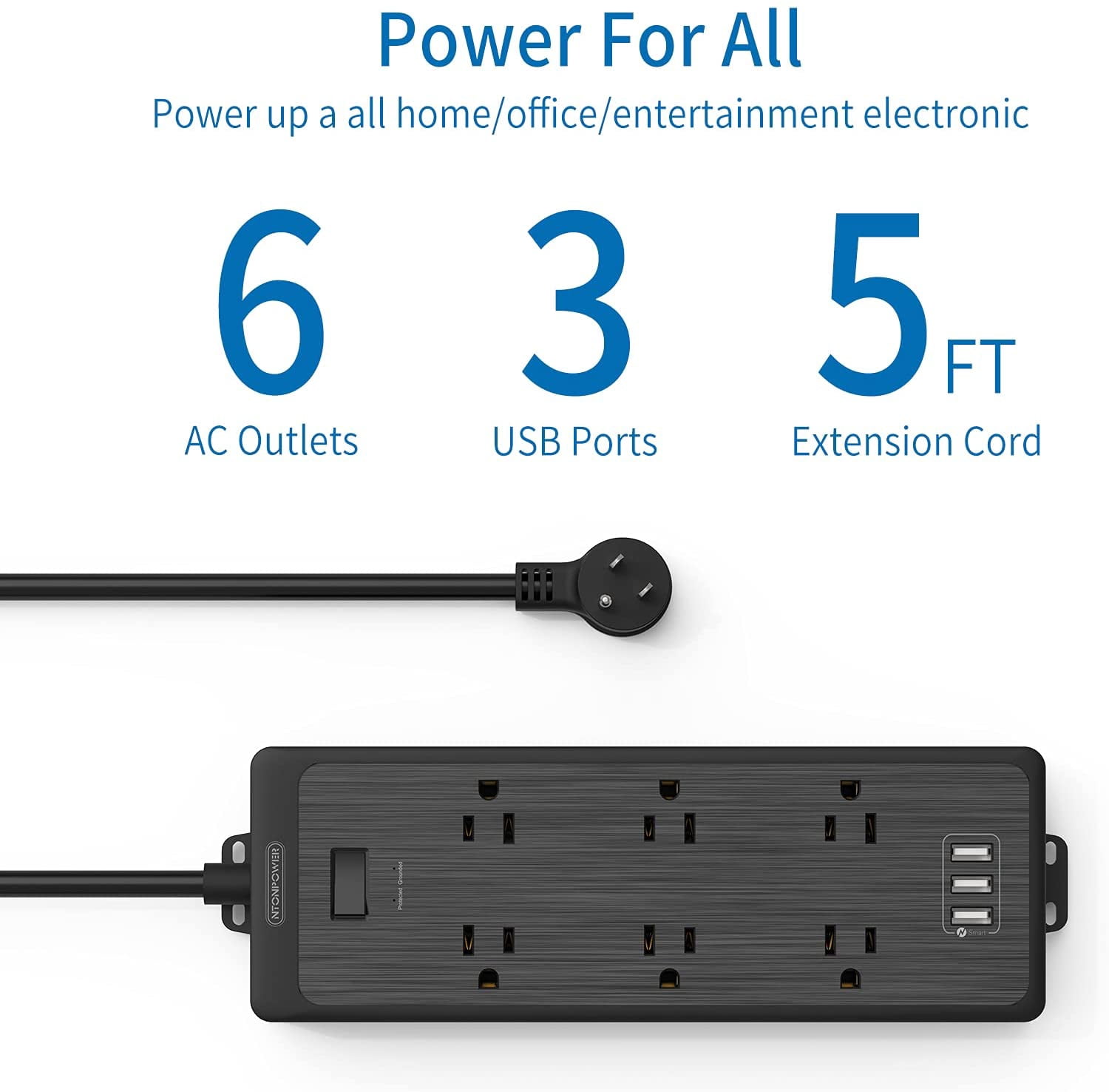 RGHJAR-Flat Plug Power Strip with 3 USB Ports, 6 Extra Widely Spaced Outlets, 1700 Joules Surge Protector, 15A Circuit Breaker, 5 FT Extension Cord, Black