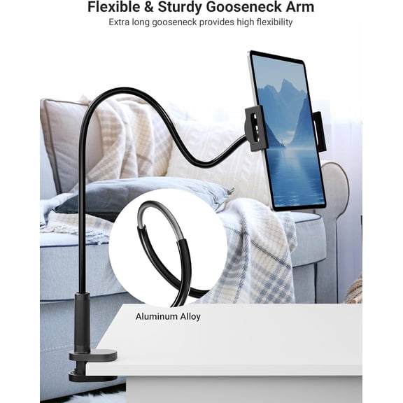 RGHJAR-Flexible Gooseneck Tablet Holder, 360 Adjustable Phone Mount with Sturdy Clamp for Desk/Bed/Kitchen, Compatible with iPad Air Pro Mini iPhone/Samsung Galaxy Tabs/4.7~12.9"