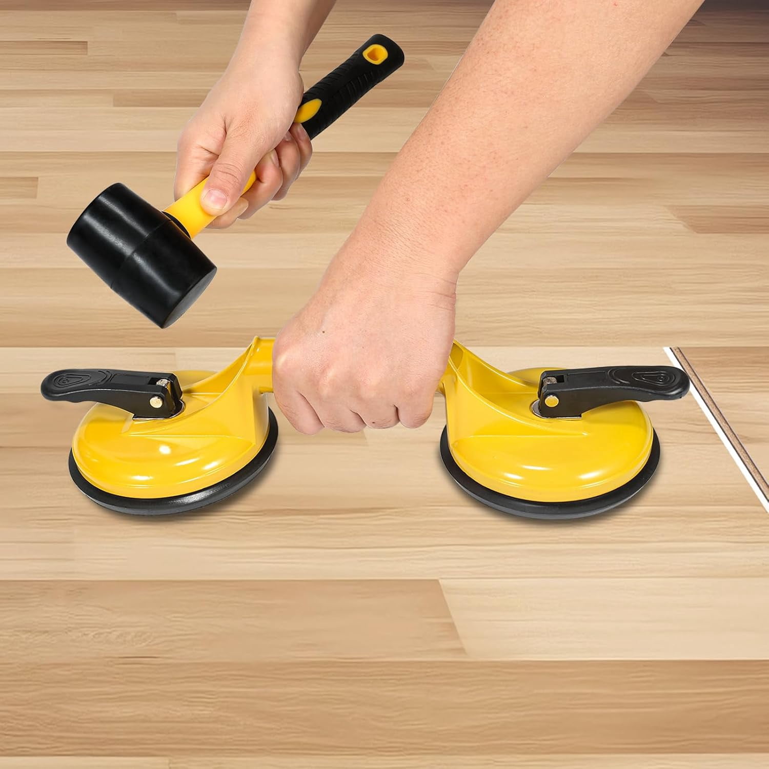 RGHJAR-Floor Gap Fixer Tool for Laminate Floor Gap Repair Plank Grabber Includes Heavy Duty Aluminum Suction Cup and Fiberglass Handle Rubber Mallet (Can't Use on Scraped Surface Floor)