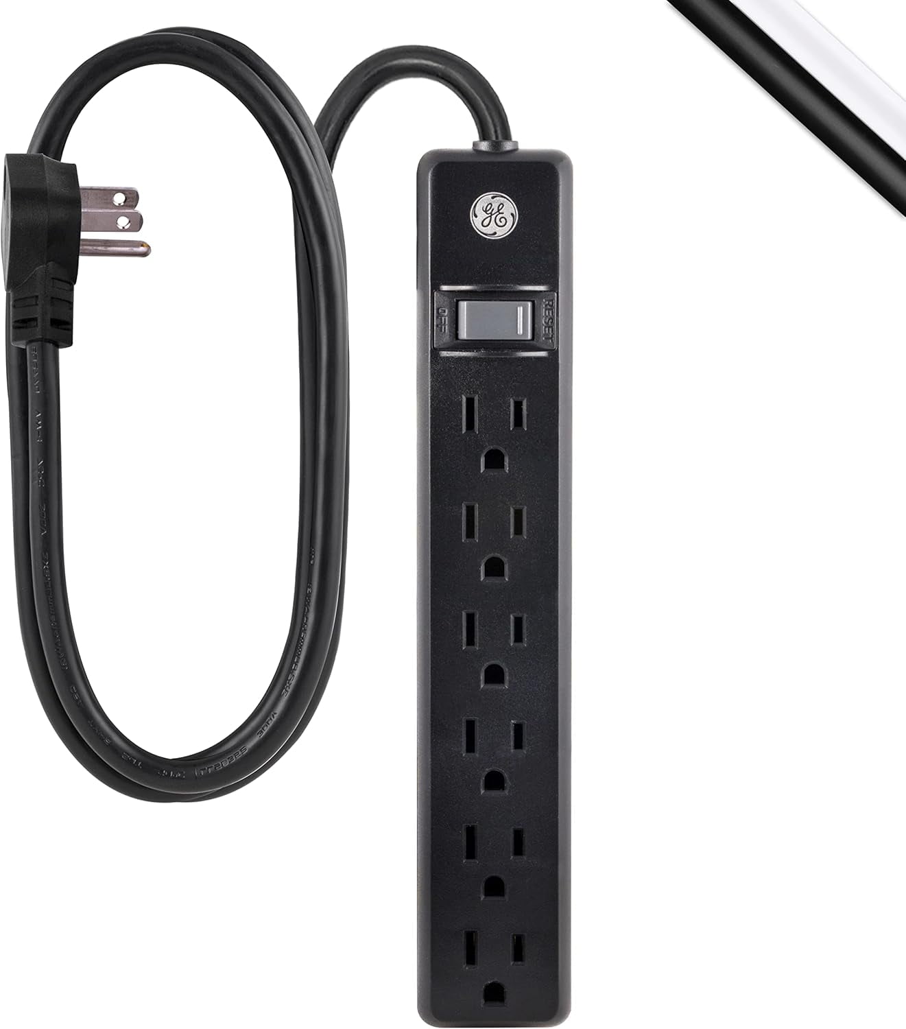 RGHJAR-GE 6-Outlet Power Strip, 7 Ft Power Cord, Flat Plug, 3 Prong Outlet, UL Listed, Black