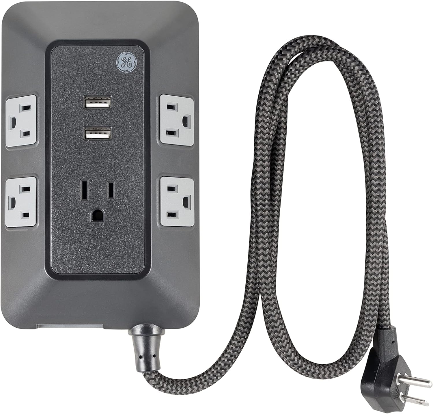 RGHJAR-GE UltraPro Adapt 5-Outlet Surge Protector with USB Ports, 2 USB-A Ports, 2.4A, 3ft Braided Cord Power Strip Surge Protector, 560 Joules, Black, 73777