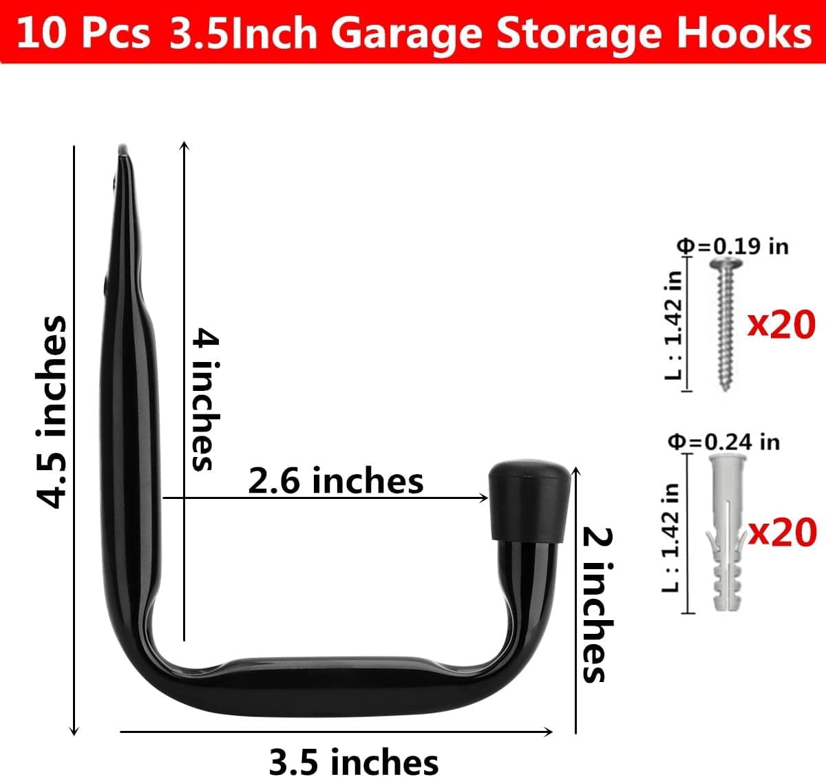 RGHJAR-Garage Storage Hooks, Heavy Duty J Utility Hangers (Black, Pack of 10)