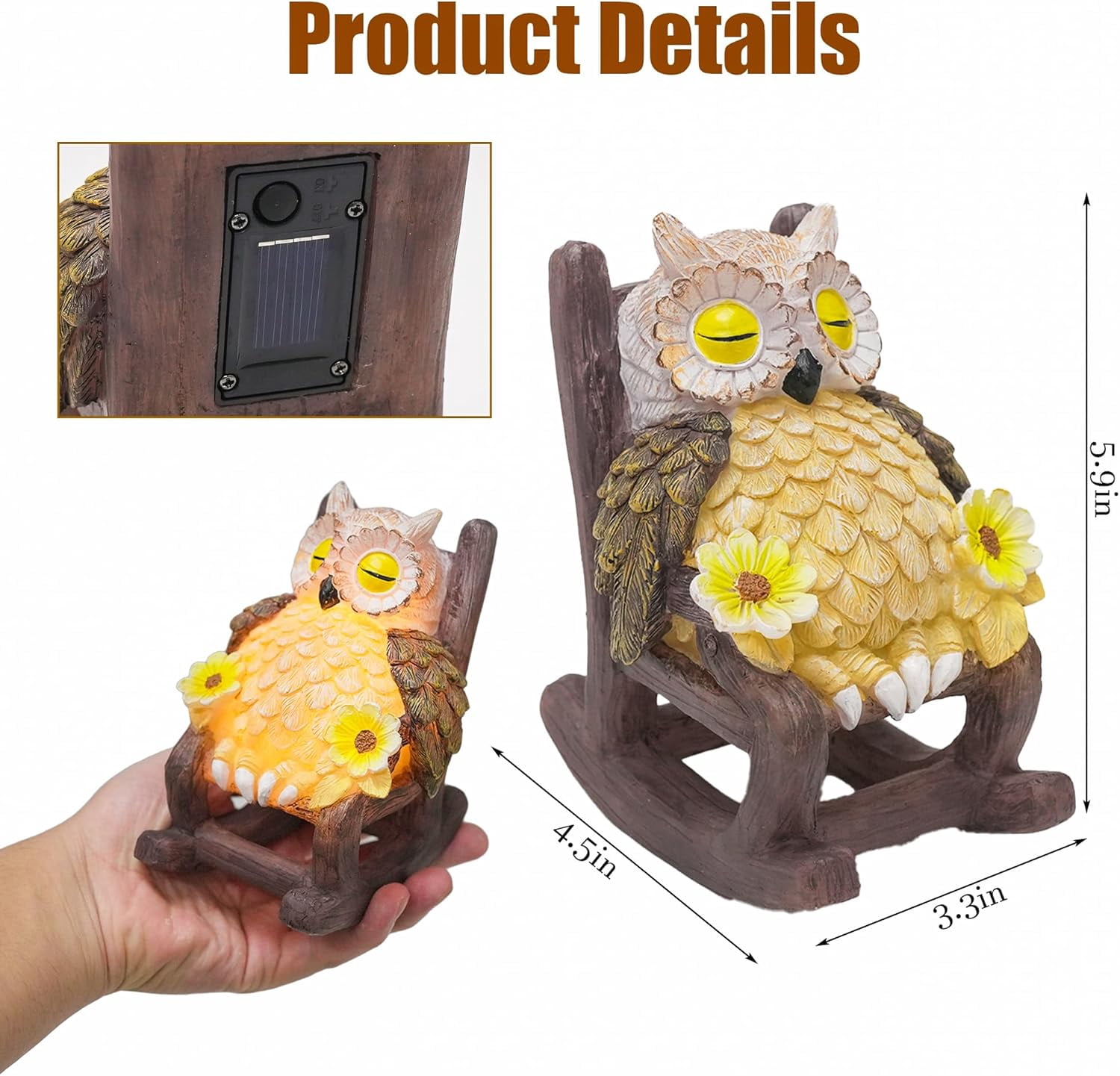 RGHJAR-Garden Gift for Mom Grandma, LED Solar Owl on Chair Patio Sculpture, Cute Outdoor Fairy Garden Housewarming Decor Figurine 6x4.5x3.3 in