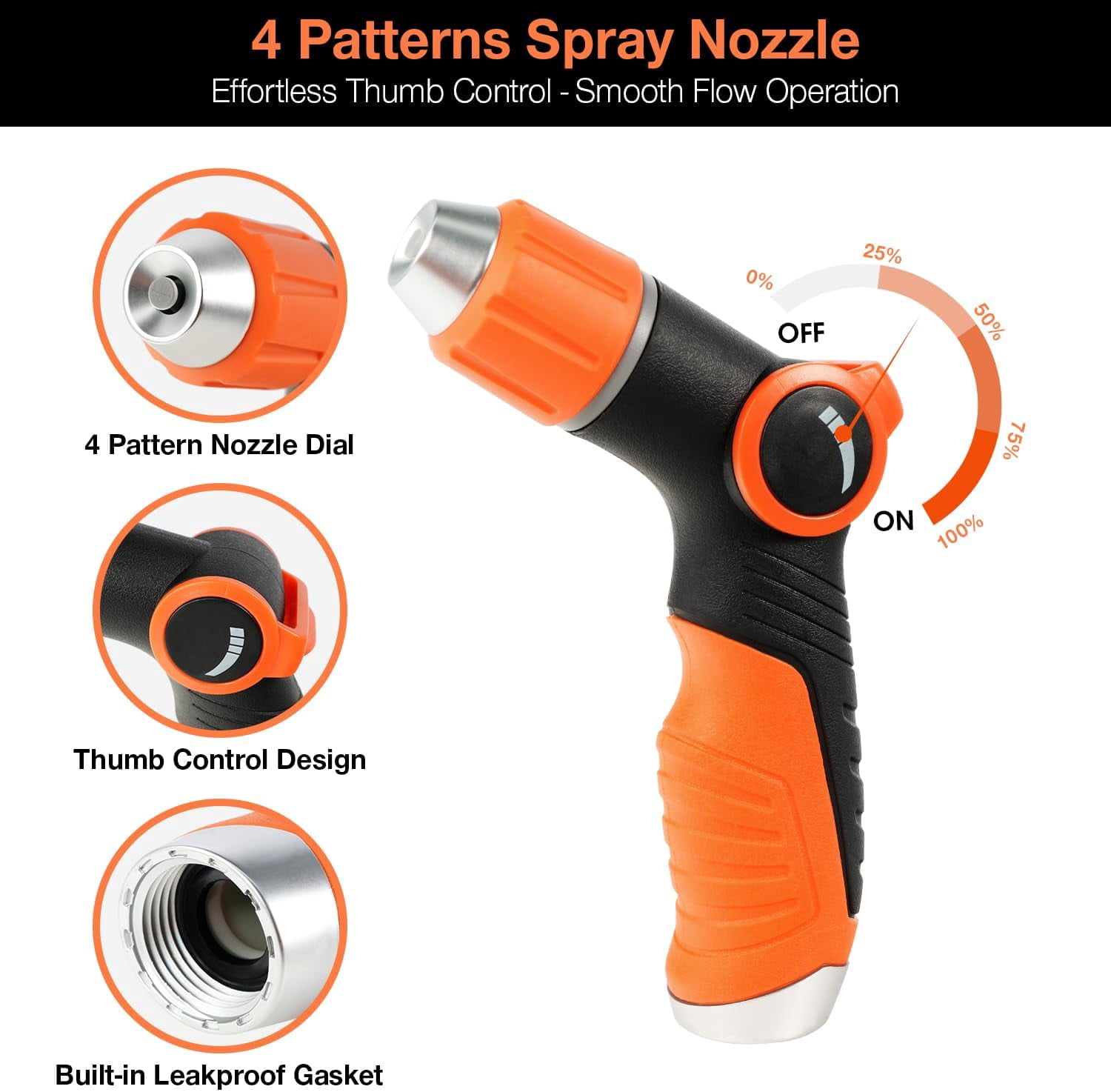 RGHJAR-Garden Hose Nozzle Sprayer High Pressure Water Hose Nozzle with 4 Patterns with Adjustable Spray for Car Washing, Garden Watering, Patio Cleaning and Pets (Orange)