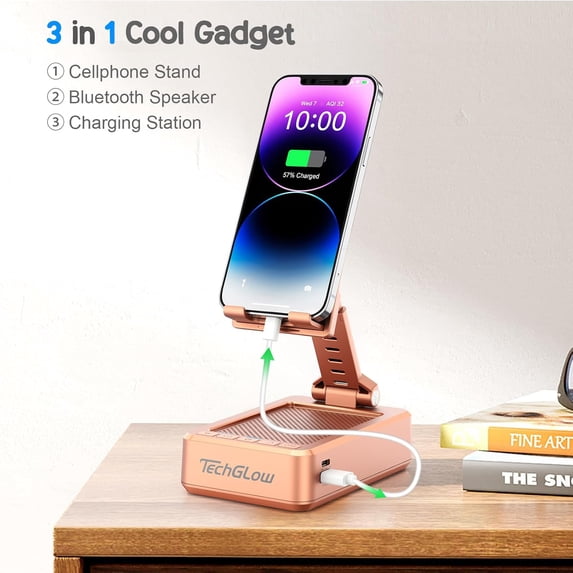 RGHJAR-Gifts for Men Women Foldable Cellphone Stand with Bluetooth Speaker and Charging Function Birthday Gift Idea for Mom Dad Cool Gadget Tech Gifts-Rose Gold