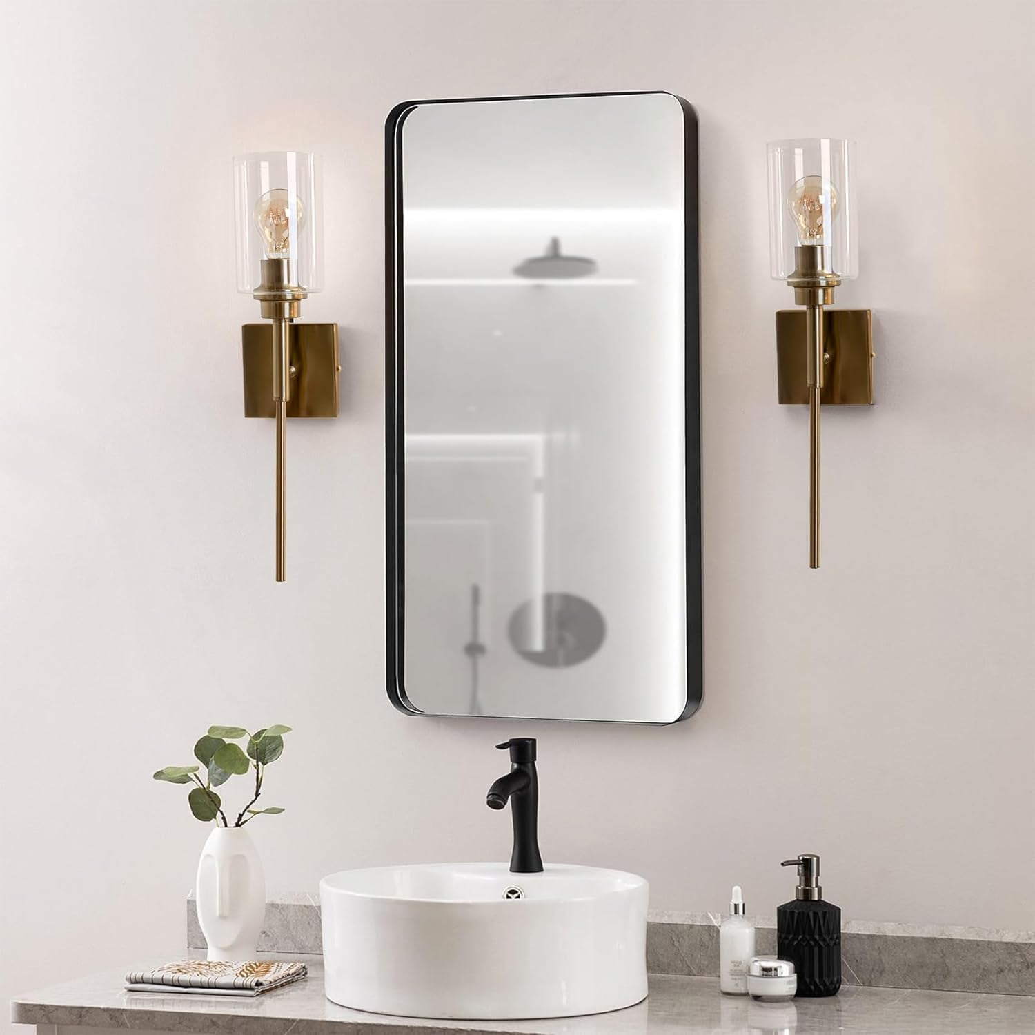 RGHJAR-Gold Wall Light, Brushed Bathroom Vanity Light with Clear Glass Shade, Bathroom Sconces for Bedroom Mirror Living Room Hallway, E26 CRI90 Bulb Inclued