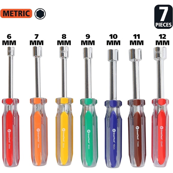 RGHJAR-GreatNeck ND71 7-Piece Metric Nut Driver Set, Chrome Vanadium Steel Nut Drivers, Rust-Resistant Finish Nut Drivers Set, Acetate Nut Driver Handle, Color-Coded for Quick Identification