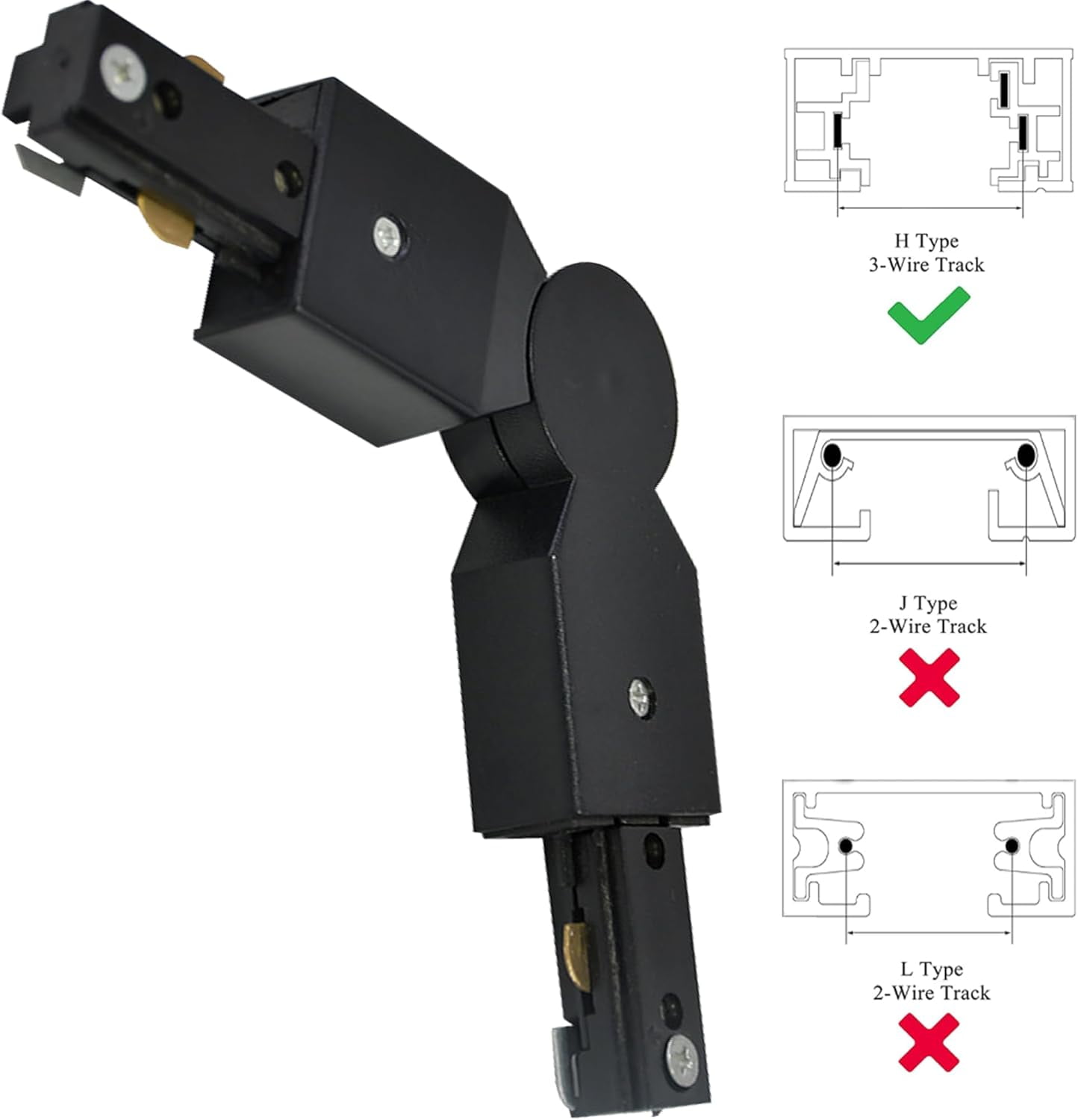 RGHJAR-H Type Track Lighting Accessories, H Track Adjustable Connector for 3-Wire-1 Track Rail, Track Connector for H Track System, LED Track Lighting Kit (Black Adjustable Connector)