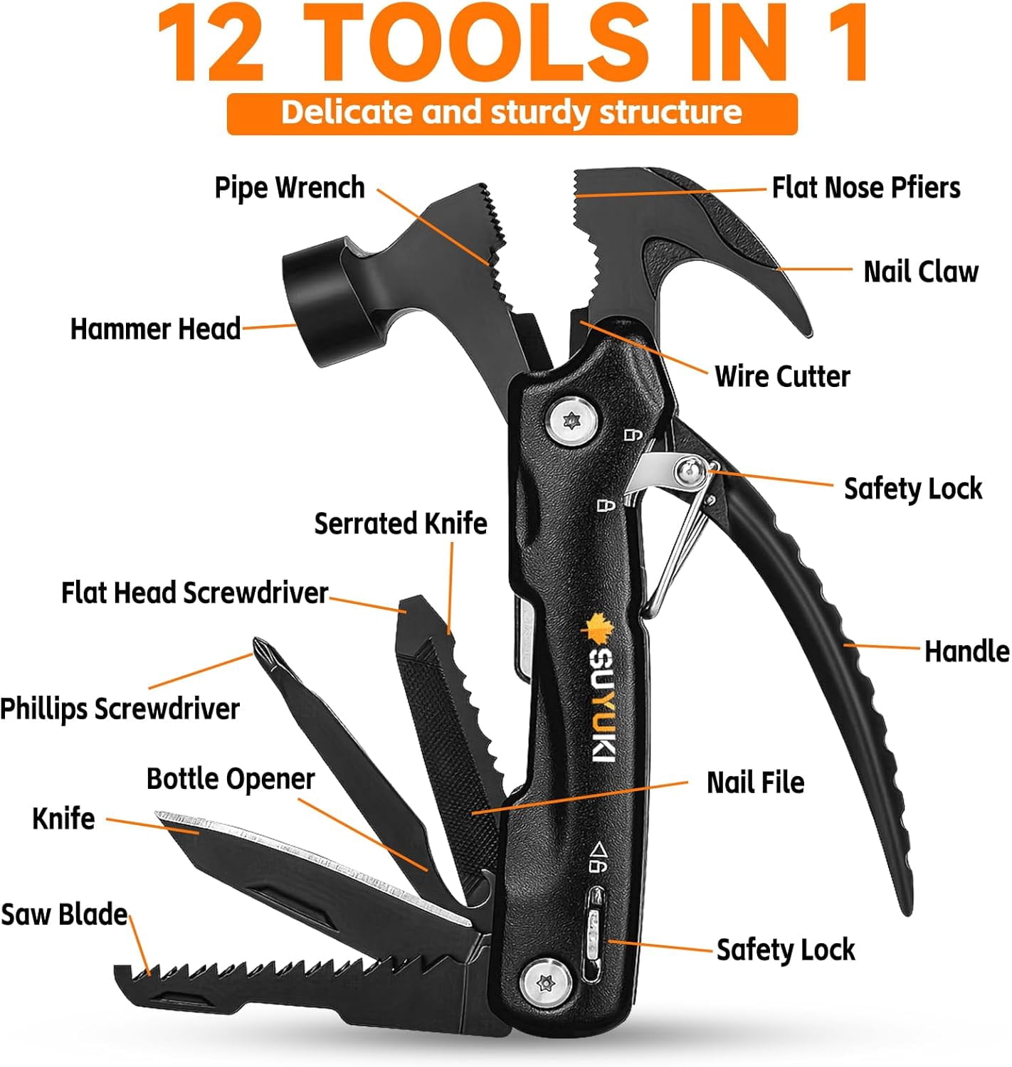 RGHJAR-Hammer Multitool Birthday Gifts for Men, 12 in 1 Hammer Multitool with Snowflake Multi-Tool Gifts for Men Camping Essentials, Gifts for Men,Stocking Stuffers Gifts for Adults Men