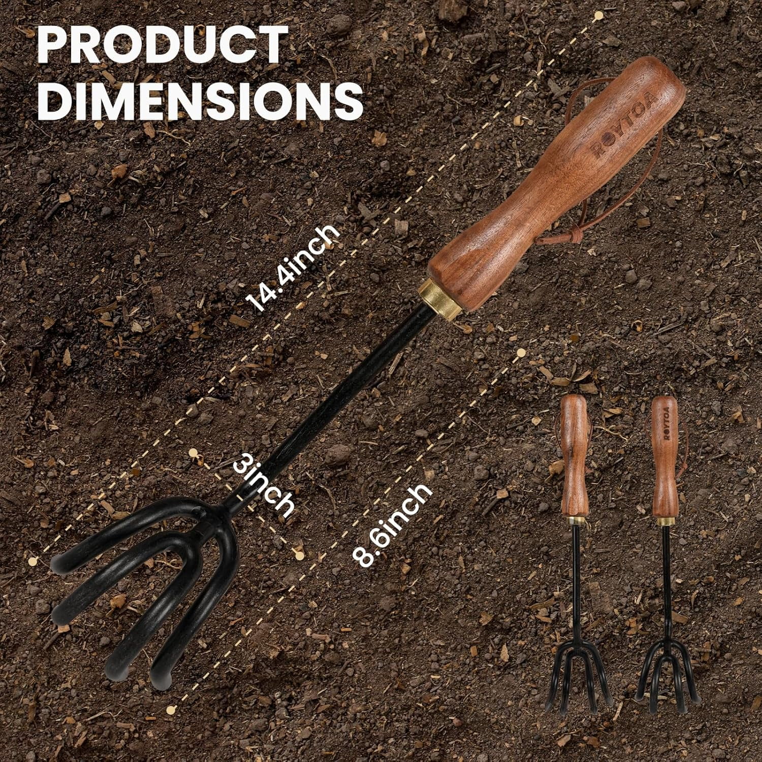 RGHJAR-Hand Cultivator Rake, Ergonomic Small Garden Rake with Walnut Handle & 4 Durable Tines, Garden Tools for Weeding, Digging and Cultivating