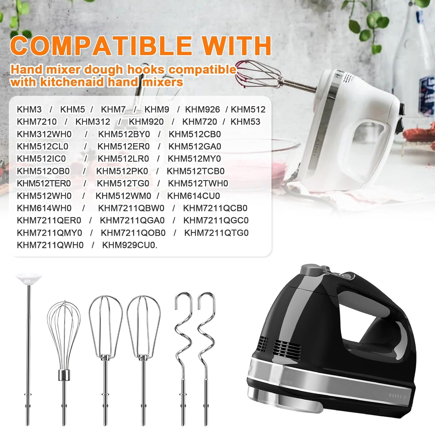 RGHJAR-Hand Mixer Beaters Attachments for Kitchenaid Whisk, Beater, Dough Hook, Blending Rod, Stainless Steel Hand Mixers Blender Accessories for Kitchenaid KHM3 KHM5 KHM7 KHM9 KHM926 KHM512-6PCS