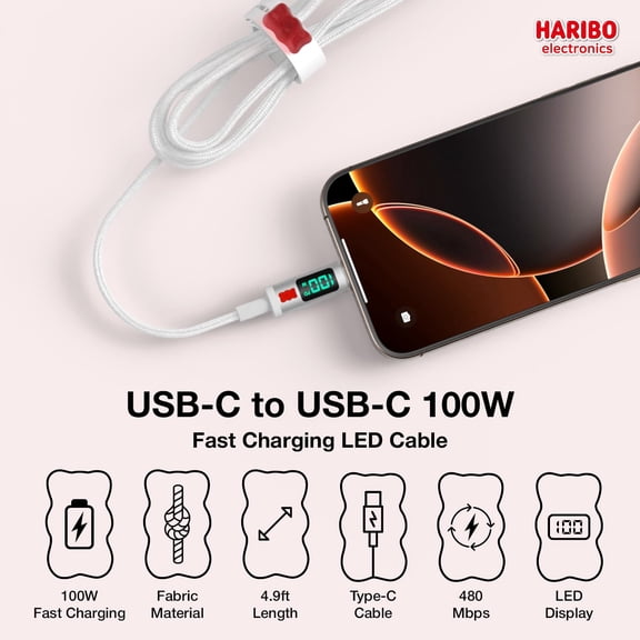 RGHJAR-Haribo 100W PD Fast Charging USB-C Cable (4.9ft, 2Pack), Durable Braided Cord, LED Power Display, Gummy Bear Style, Compatible with iPhone 15/16, Galaxy, Pixel, iPad